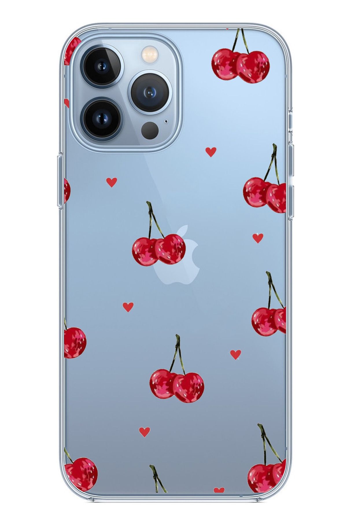 TechTree iPhone 13 PRO MAX Uyumlu Kirazlar ve Kalpler Tasarımlı Şeffaf Silikon Kılıf