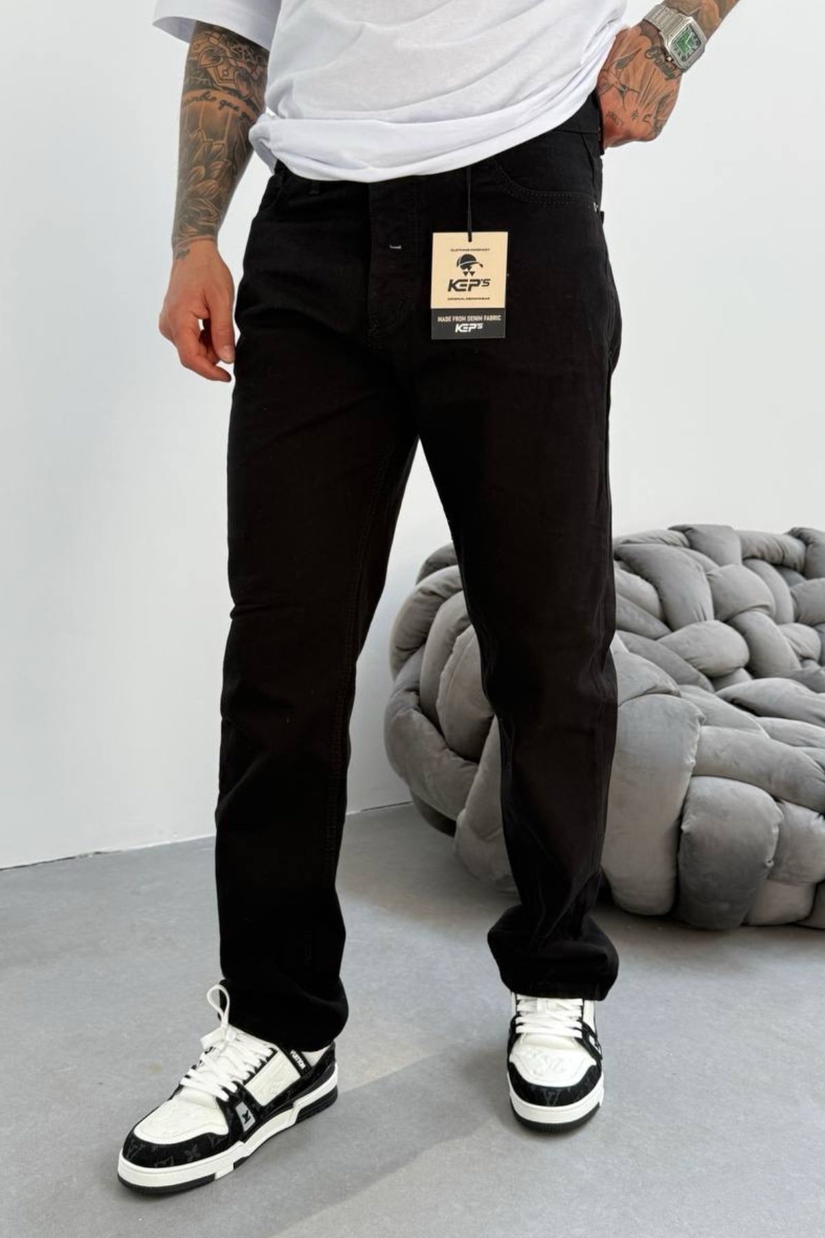 MADZEYMODA Siyah Denim Kumaş Baggy Kalıp Erkek Jean Kot Pantolon KE-044