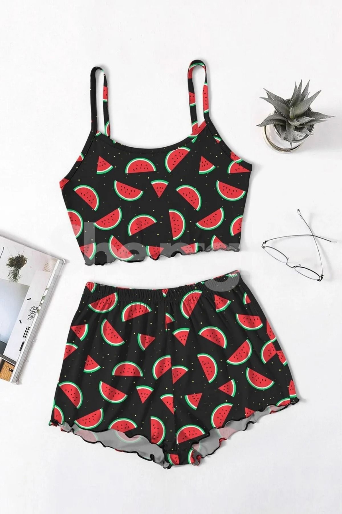 Veille Karpuz Desenli Yazlık Şortlu Askılı Kolsuz Siyah Mini Crop Pijama Takımı