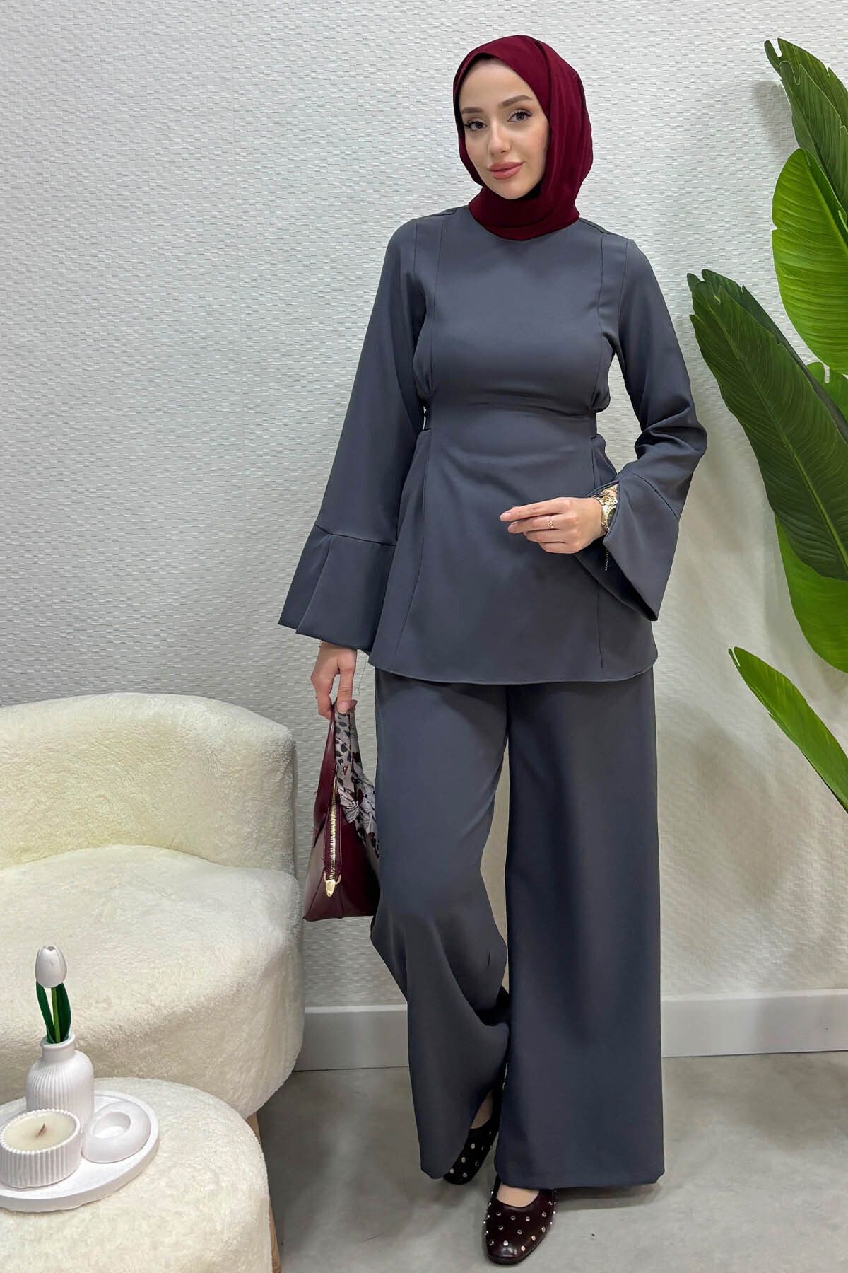 Tesettür Diyarı Kadın Meva Model Krep Bağlamalı Pantolon Tesettür Takım