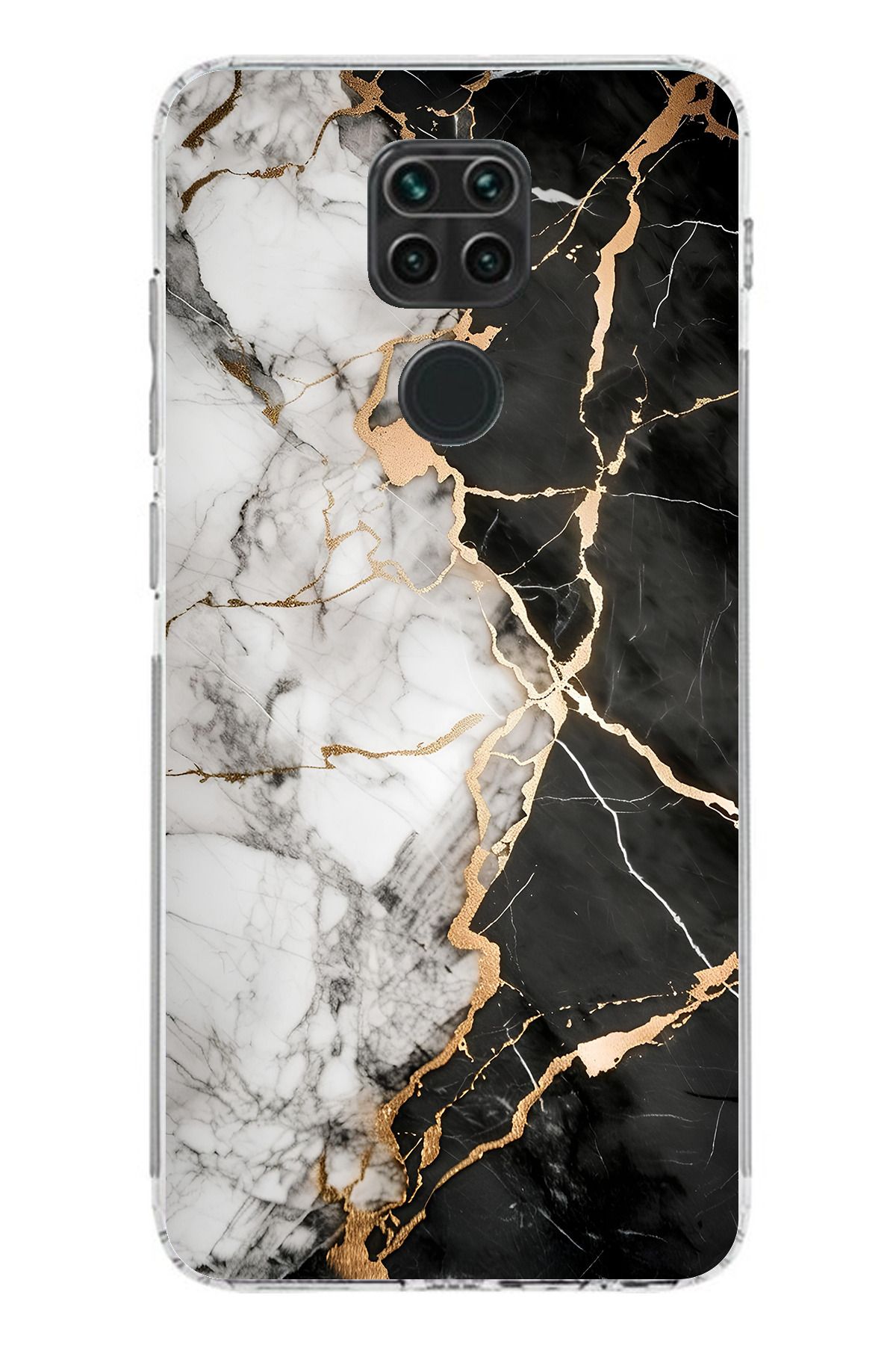 TechTree Redmi Note 9 Uyumlu Siyah Beyaz Mermer Şeffaf Silikon Kılıf