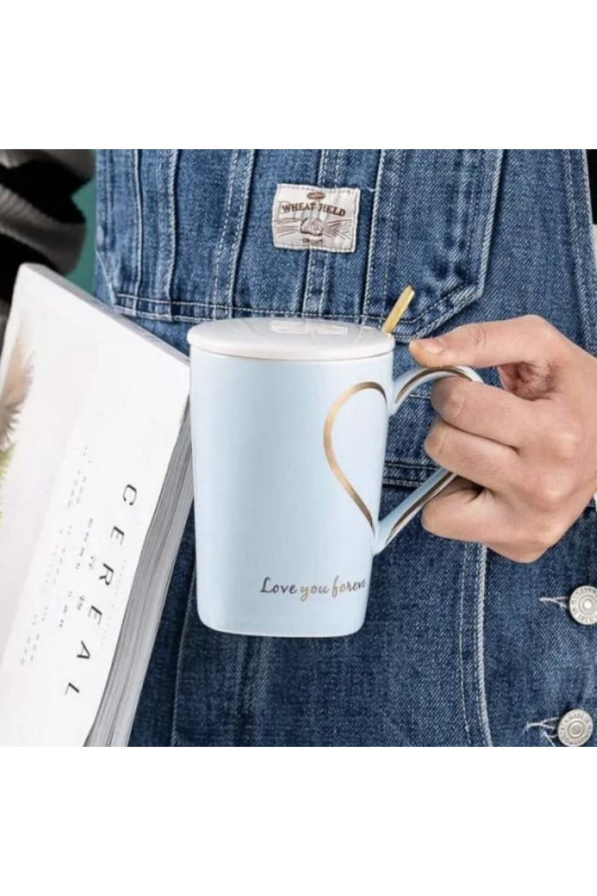 PUFO-Love you Sweetheart ceramic mug with lid and spoon for coffee or tea, 350 ml, blue 3