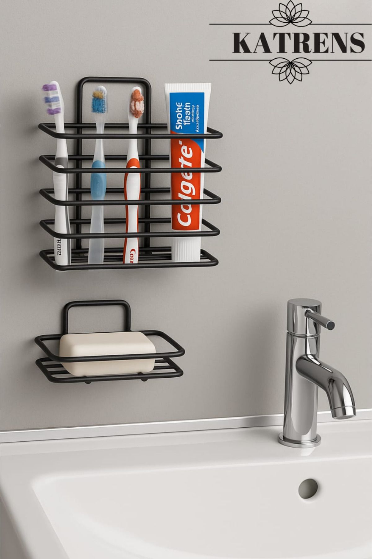 Katrens Yapışkanlı Metal Diş Fırçalık + Banyo Sabunluk 2li Set