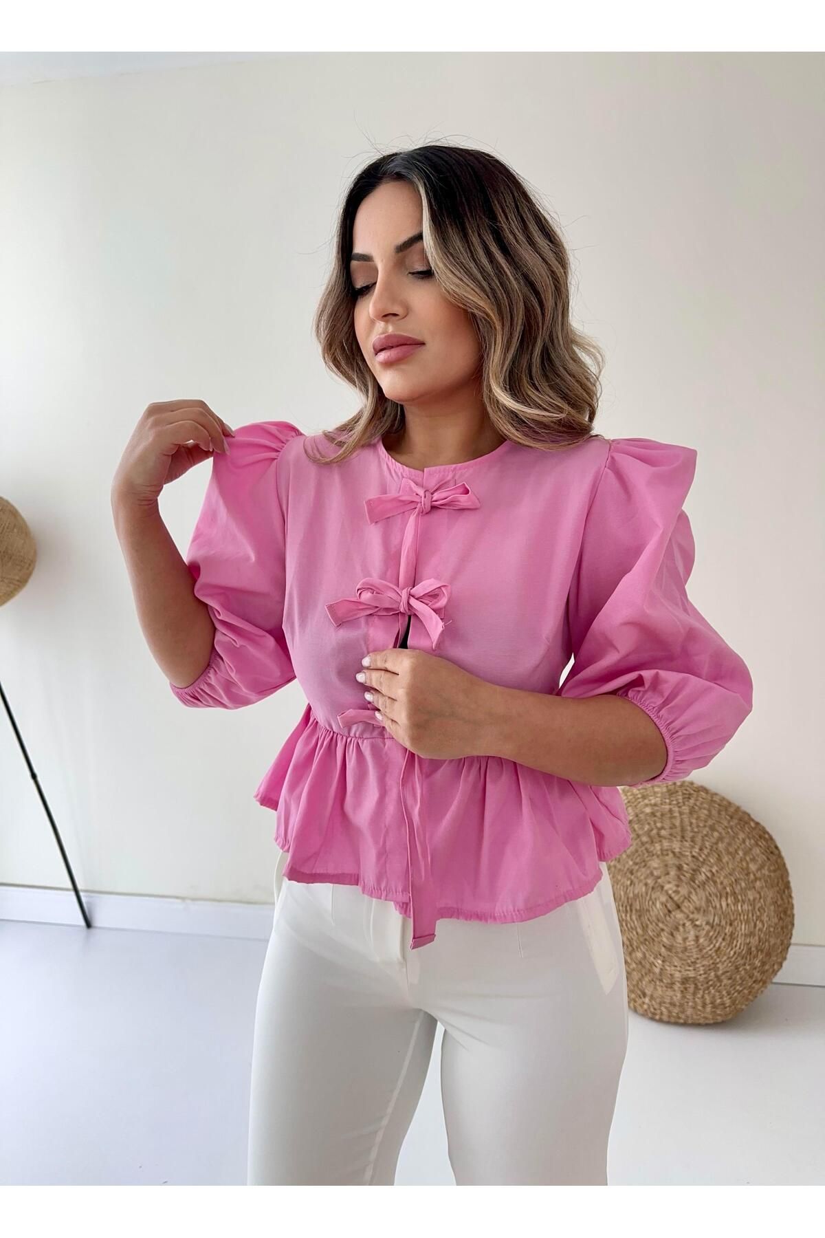SEDA FİDAN Bağlama Detaylı Poplin Gömlek Pembe