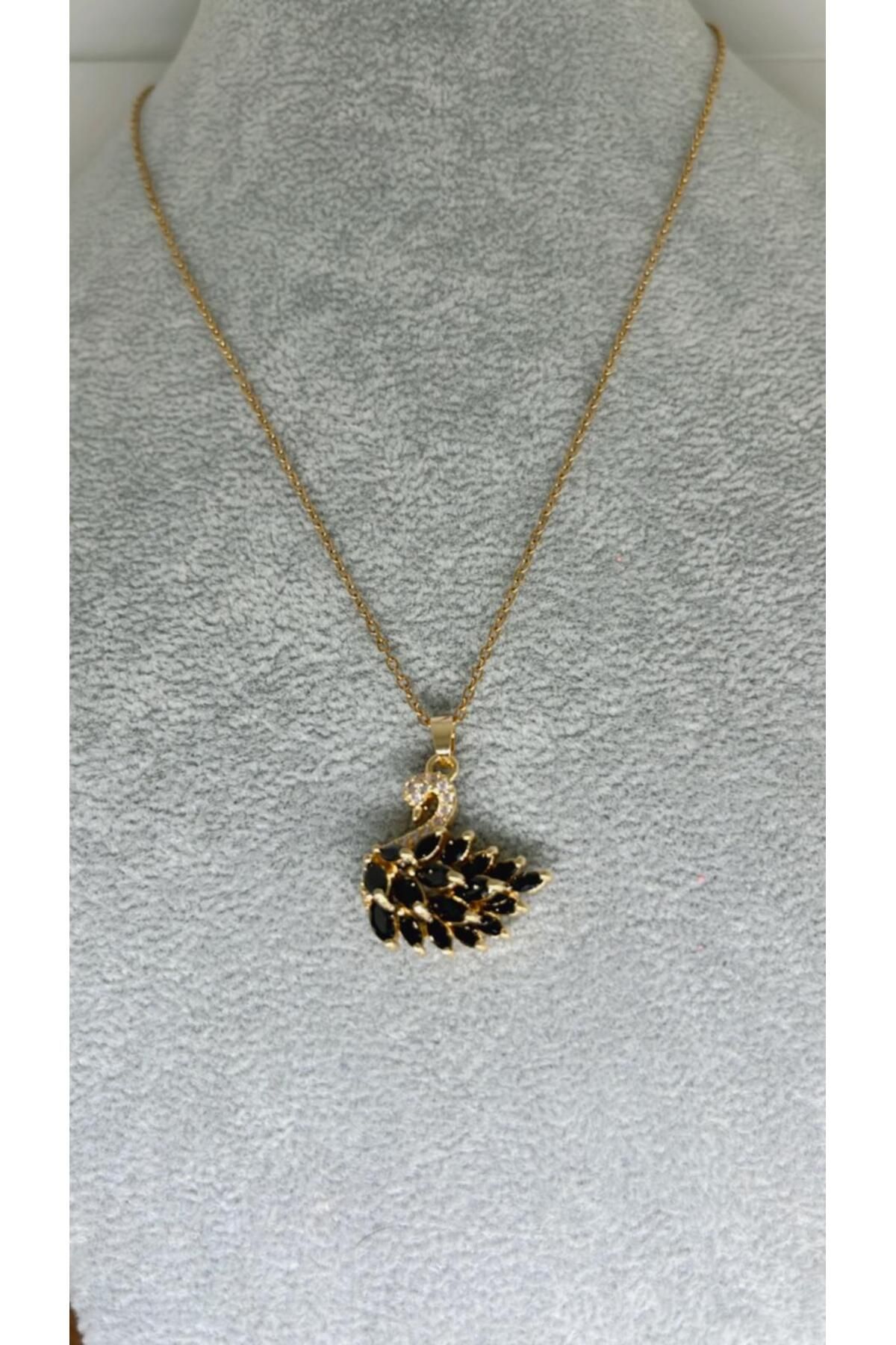 ZD JEWELRY Çelik 316 L Kararmaz Zİrkon Taşlı 45+5 cm Gold Zincir Kuğu lu Kadın Çelik Kolye