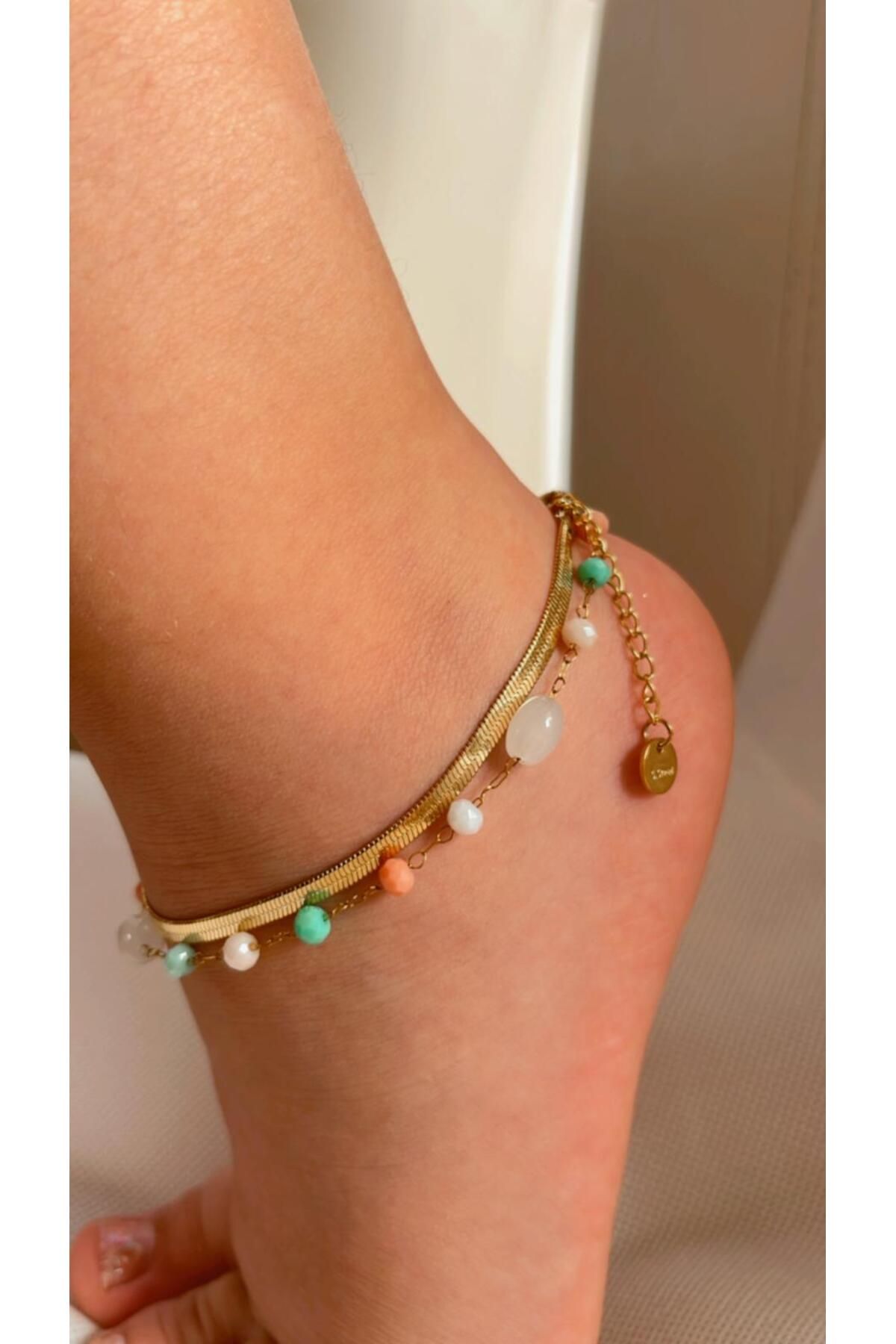 ZD JEWELRY Çelik 316L Kararmaz İtalyan Zincir Renkli Boncuk iki sıra Kadın Halhal