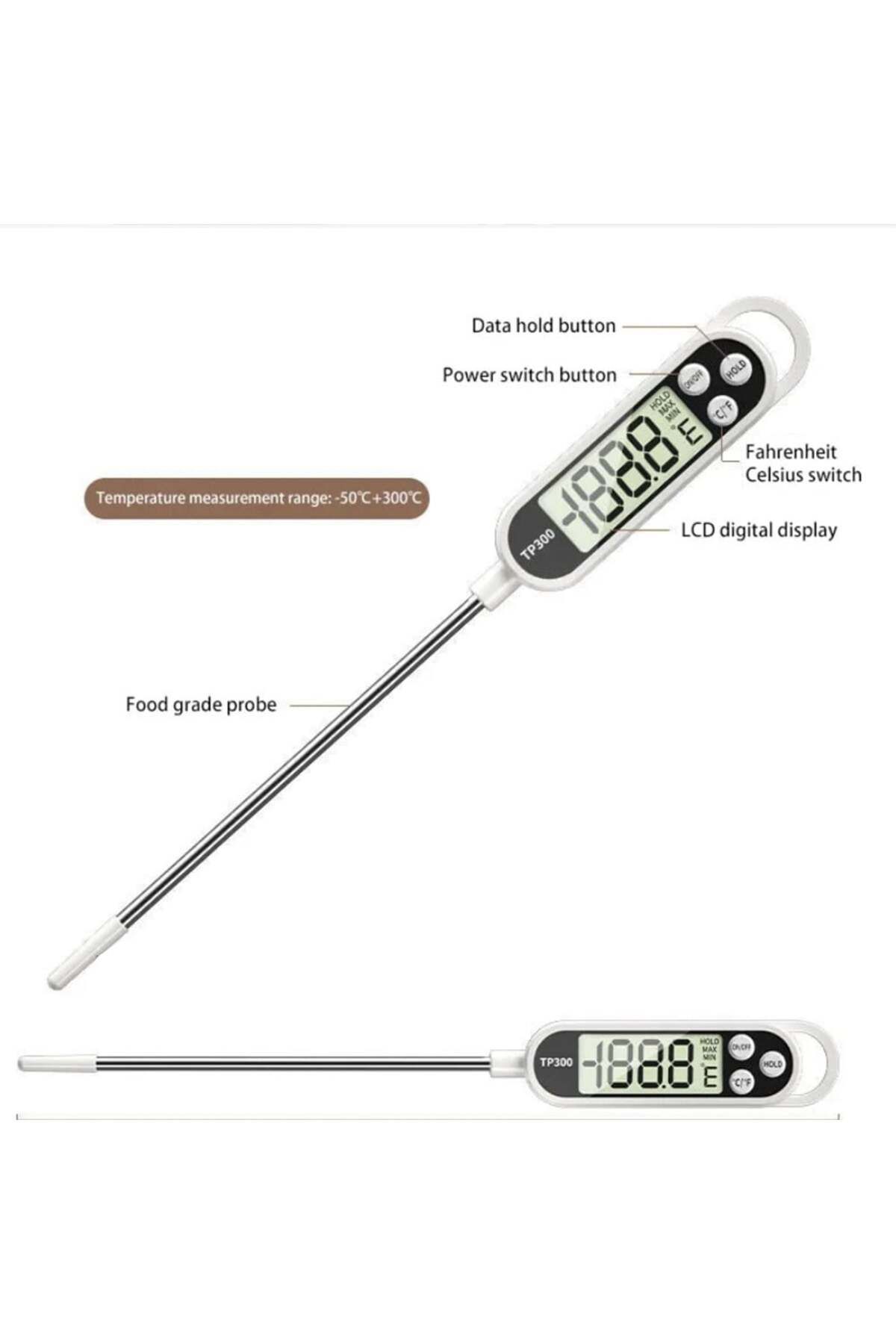 PUFO-Digital Food Thermometer With Rod, Lcd Display, 3 Buttons, Measurement Range -50° C - 300° C 7