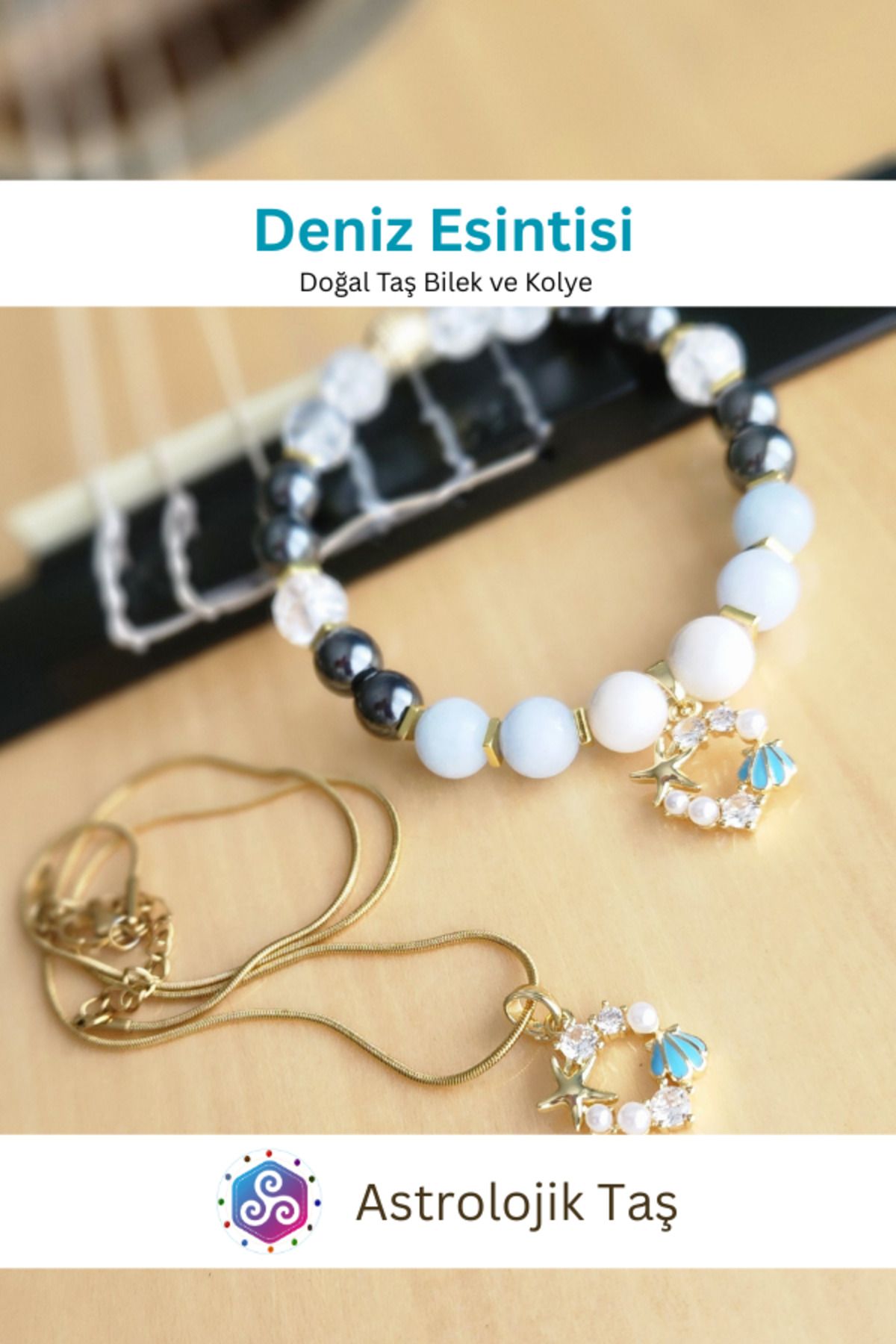 Astrolojik Doğal Taş Deniz Esintisi Doğal Taş Bileklik ve Charm Kolye Takımı - Akuamarin- Necef Taşı ve Ay Taşı
