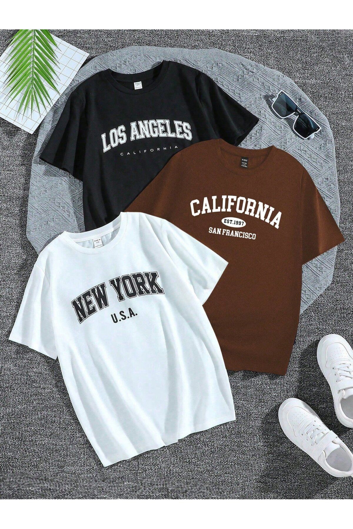 macklin Unisex Los Angeles, California Baskılı 3 Adet Oversize T-shirt 3lü Paket