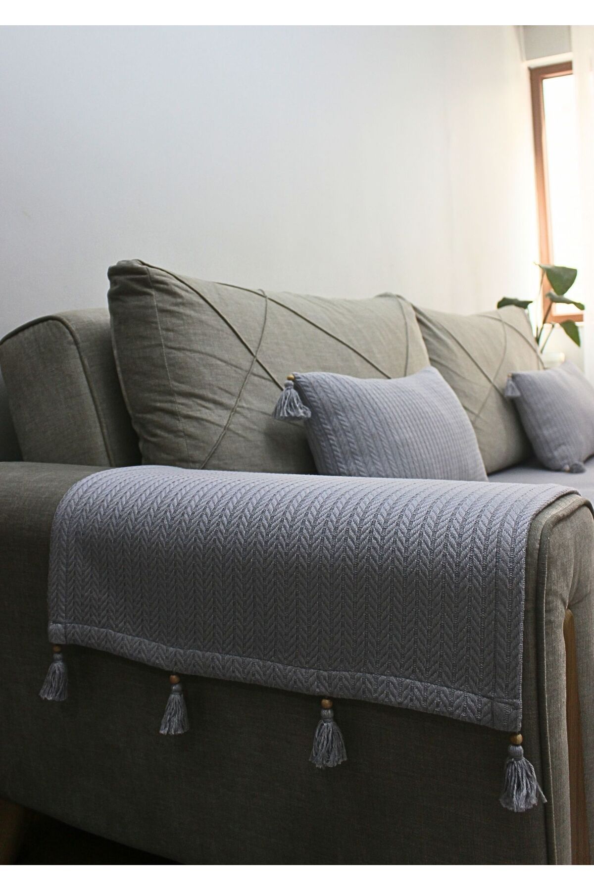 ARVA Home Dekoratif Pamuklu Püsküllü Koltuk Kenarı Örtüsü 2'li