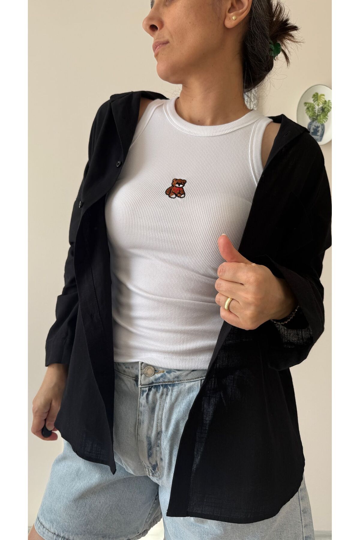 MOONSTONE FASHİON AYICIK İŞLEMELİ HALTER FİTİLLİ KADDIN ATLET BEYAZ
