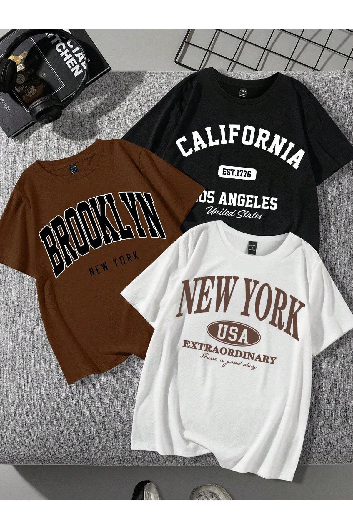 darkopia Unisex Kadın Erkek Brooklyn, California, New York Baskılı Oversize T-shirt 3lü Paket Tişört