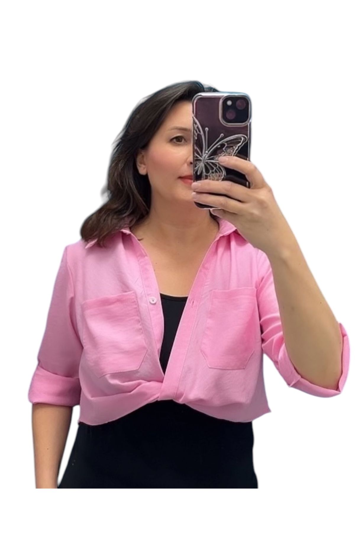 NiBU BAĞLAMA DETAY PEMBE CROP GÖMLEK