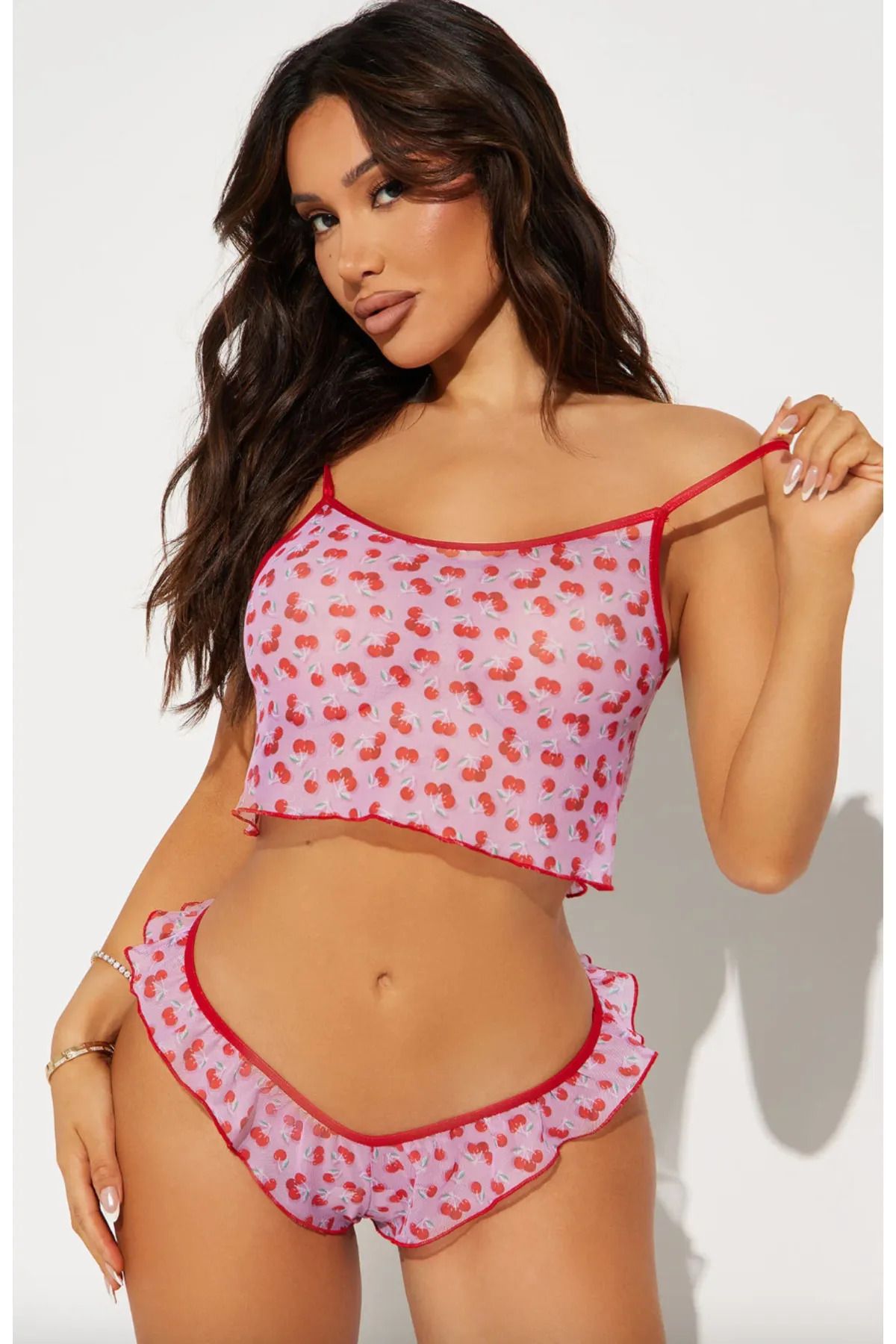 Famsoft Kiraz Desenli Crop Külot Tül Takım