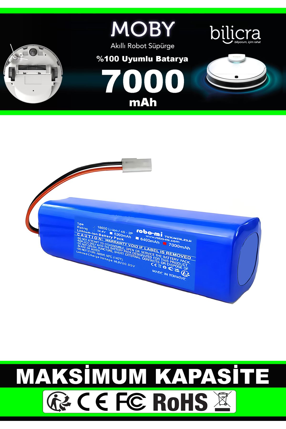 robo-mi Bilicra Moby Akıllı Robot Süpürge Uyumlu Batarya 7000 mAh (Maksimum Kapasite)