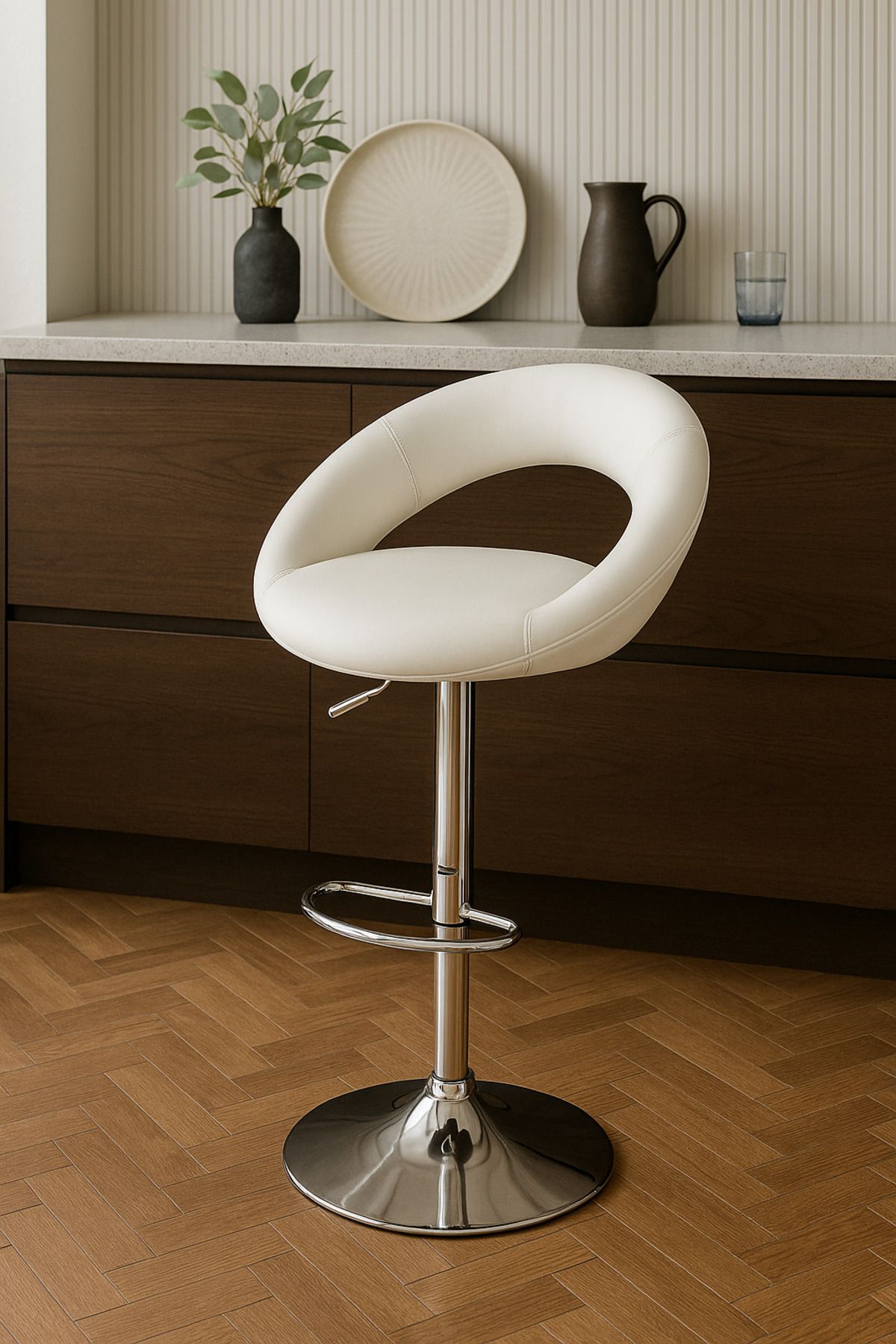 MARIA HOMES-Modern Adjustable White Bar Stool With Chrome Base And Footrest – Sleek Seating For Home Or Bar Use 2