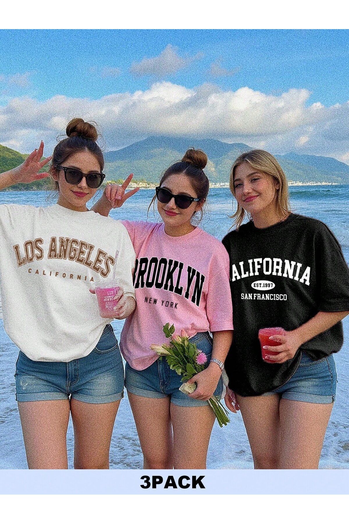 darkopia Unisex Los Angeles, California Baskılı 3 Adet Oversize T-shirt 3lü Paket