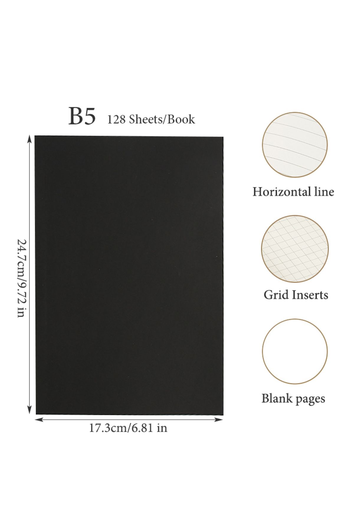 Choice-Blank pages B5 Black Cover A5/B5 Notebook,128 Sheets/256 Pages/Book,Blank,Horizontal Line and Grid P 1
