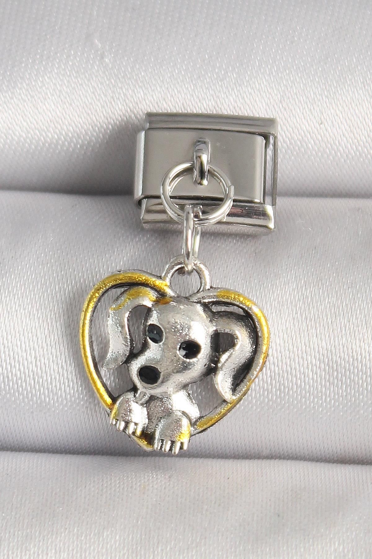 prativas 316L Çelik Gümüş Renk Sarı Kalp Köpek Model Nomination Charm