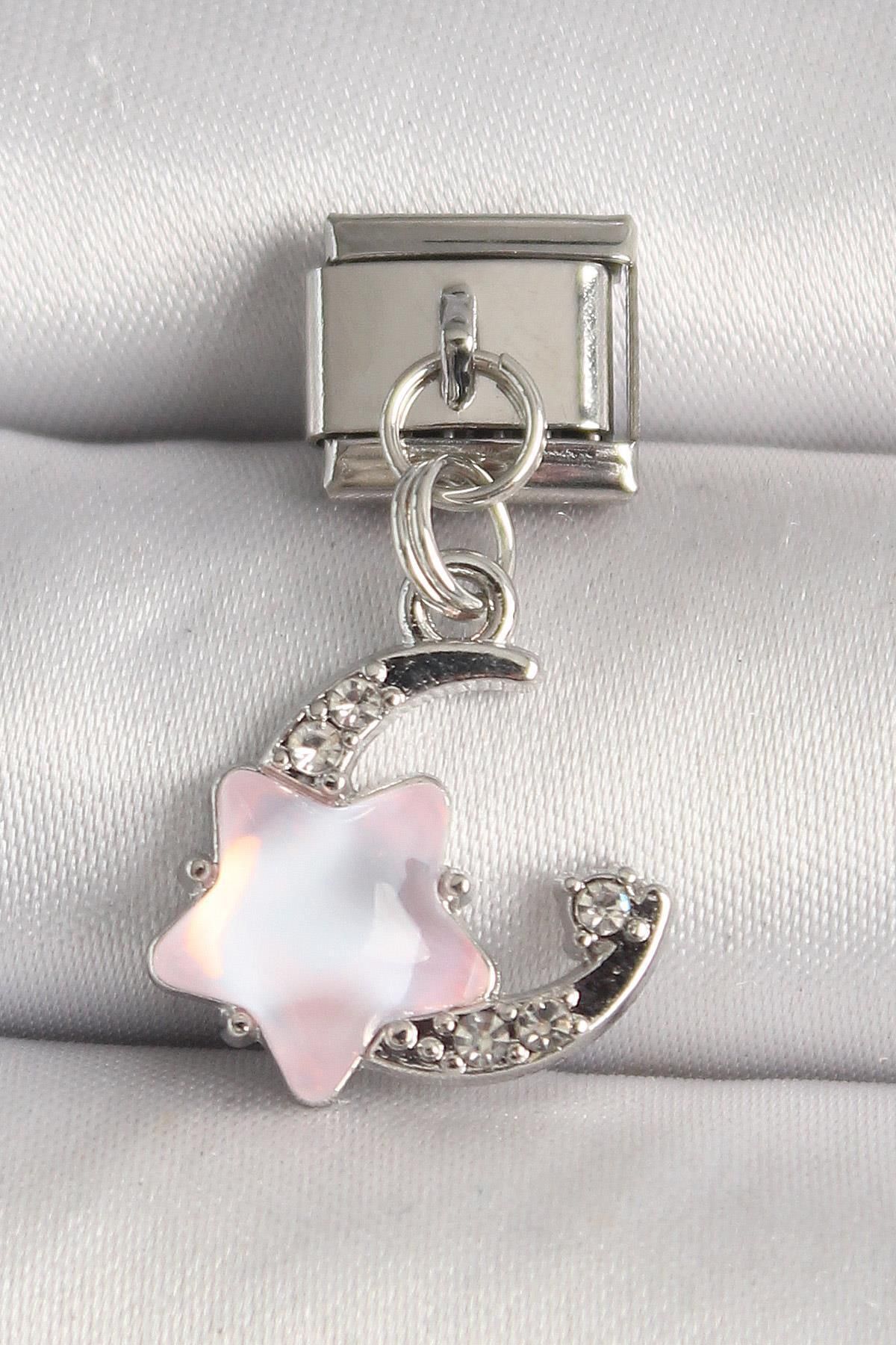 prativas 316L Çelik Gümüş Renk Zirkon Taşlı Hilal Pembe Mineli Yıldız Model Nomination Charm