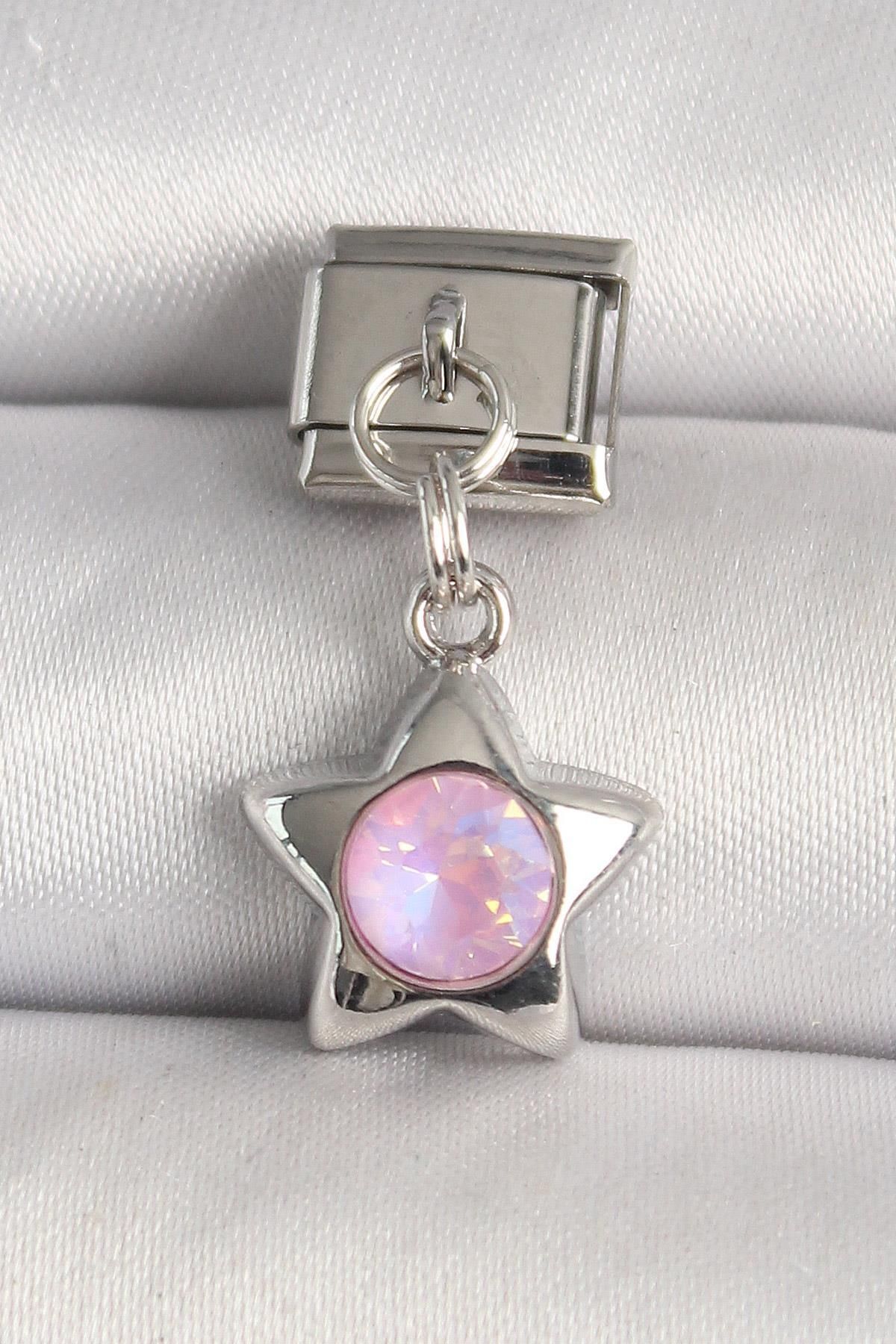prativas 316L Çelik Gümüş Renk Pembe Zirkon Taşlı Yıldız Model Nomination Charm