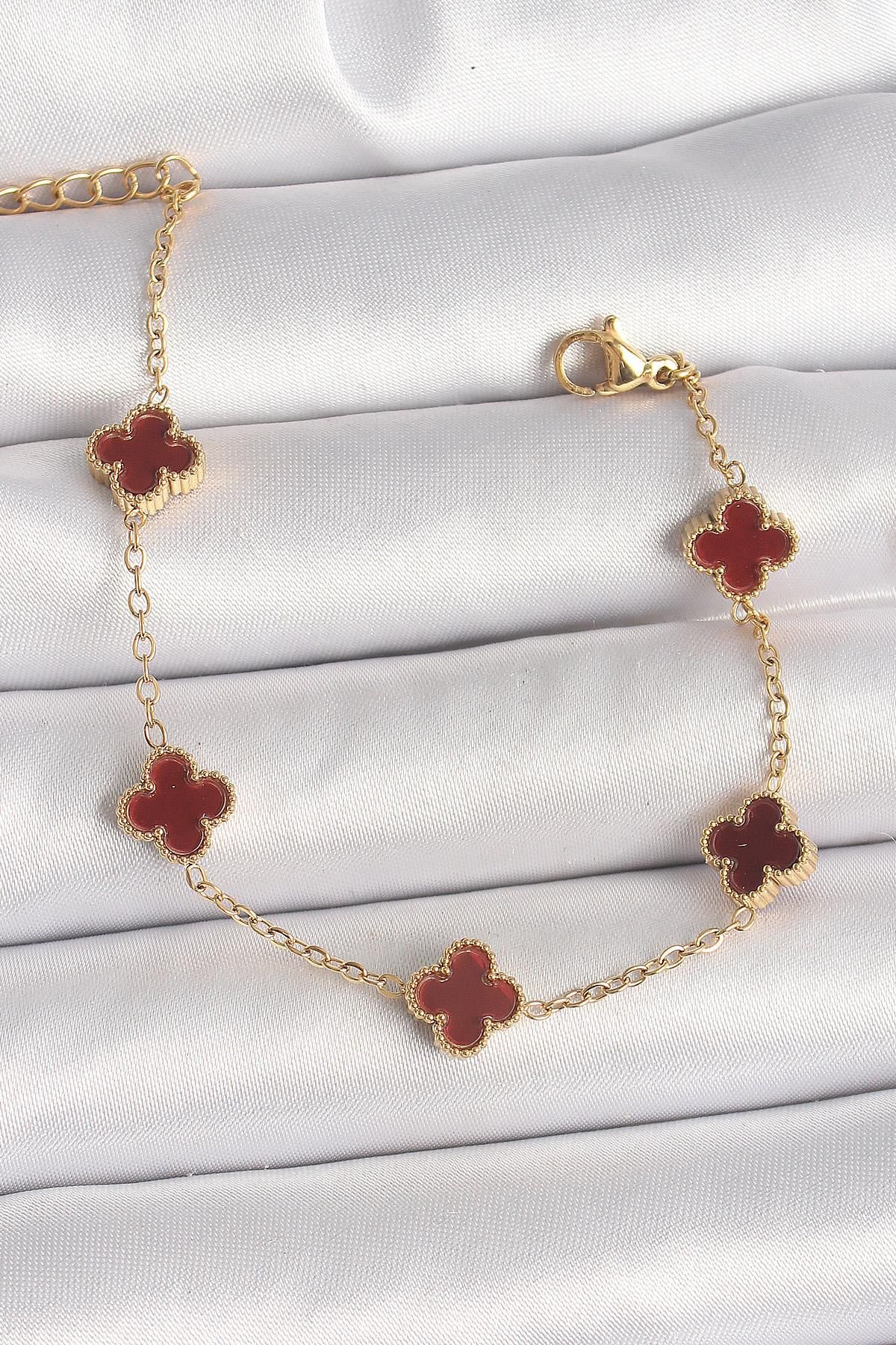 prativas 316L Çelik Gold Renk Baby Boy Kahverengi Yonca Model Kadın Bileklik
