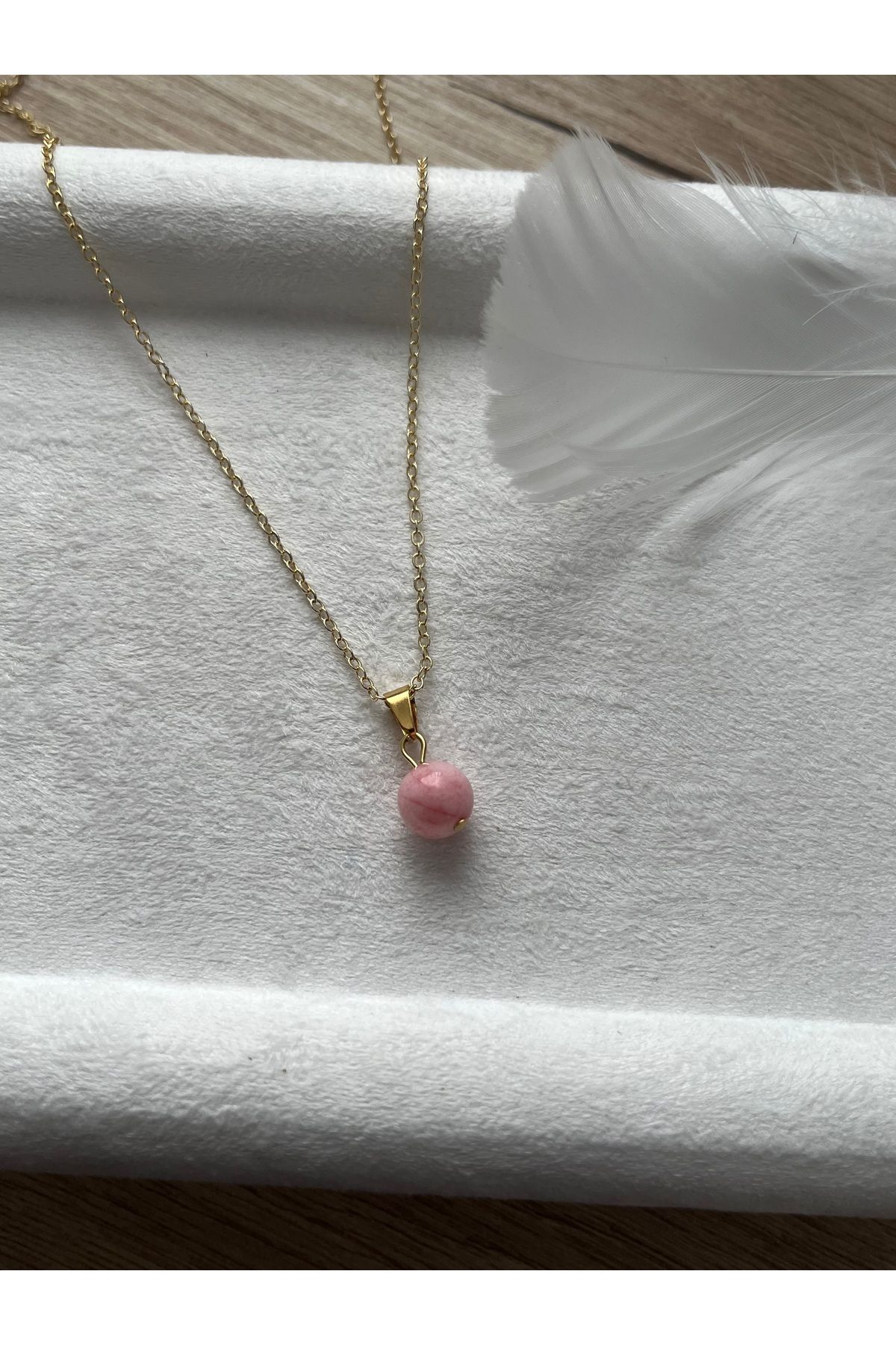 Pel Design 8 mm Pembe Opal Taşı Altın Kaplama Kolye