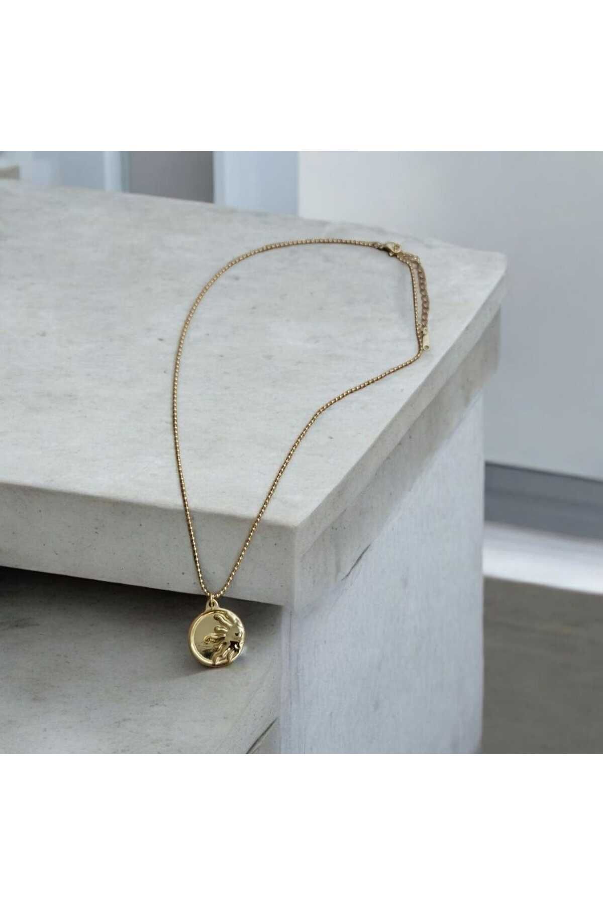 RusecaStainless Ruseca Jewelry Güneş Motifli Parlayan Kolye GOLD