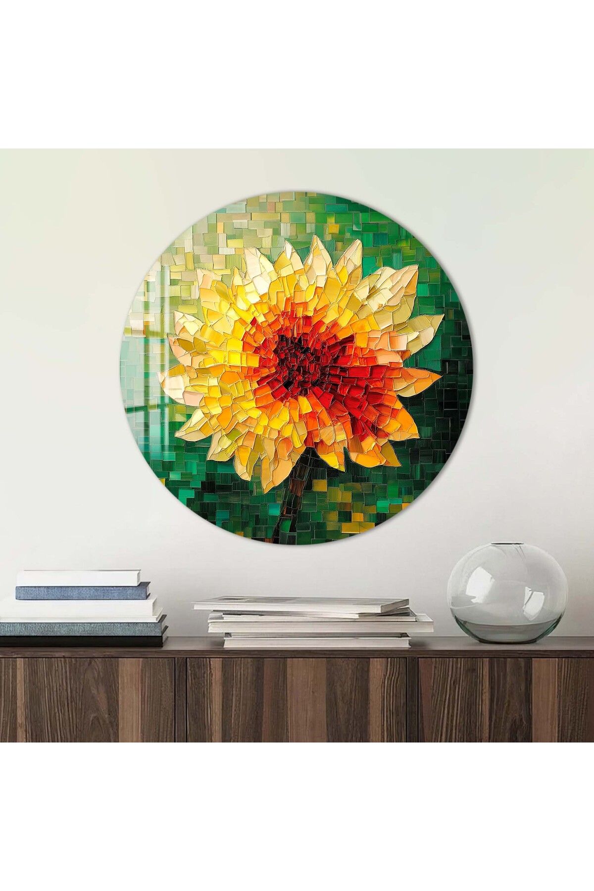 Artmate Yuvarlak Temperli Kırılmaz Çiçek Cam Tablo