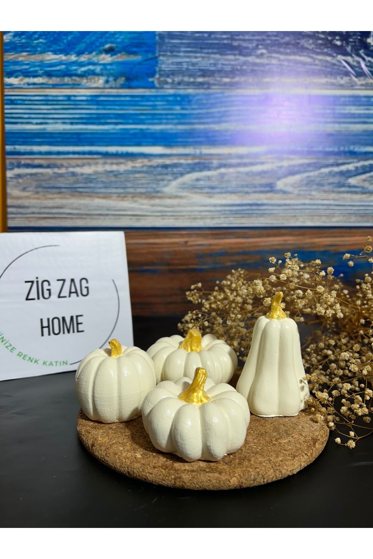 Zigzag Home Bal Kabağı 4 ‘lü Dekoratif Biblo , obje , hediyelik eşya Bej Renk Gold Detaylı Bohem Tarz