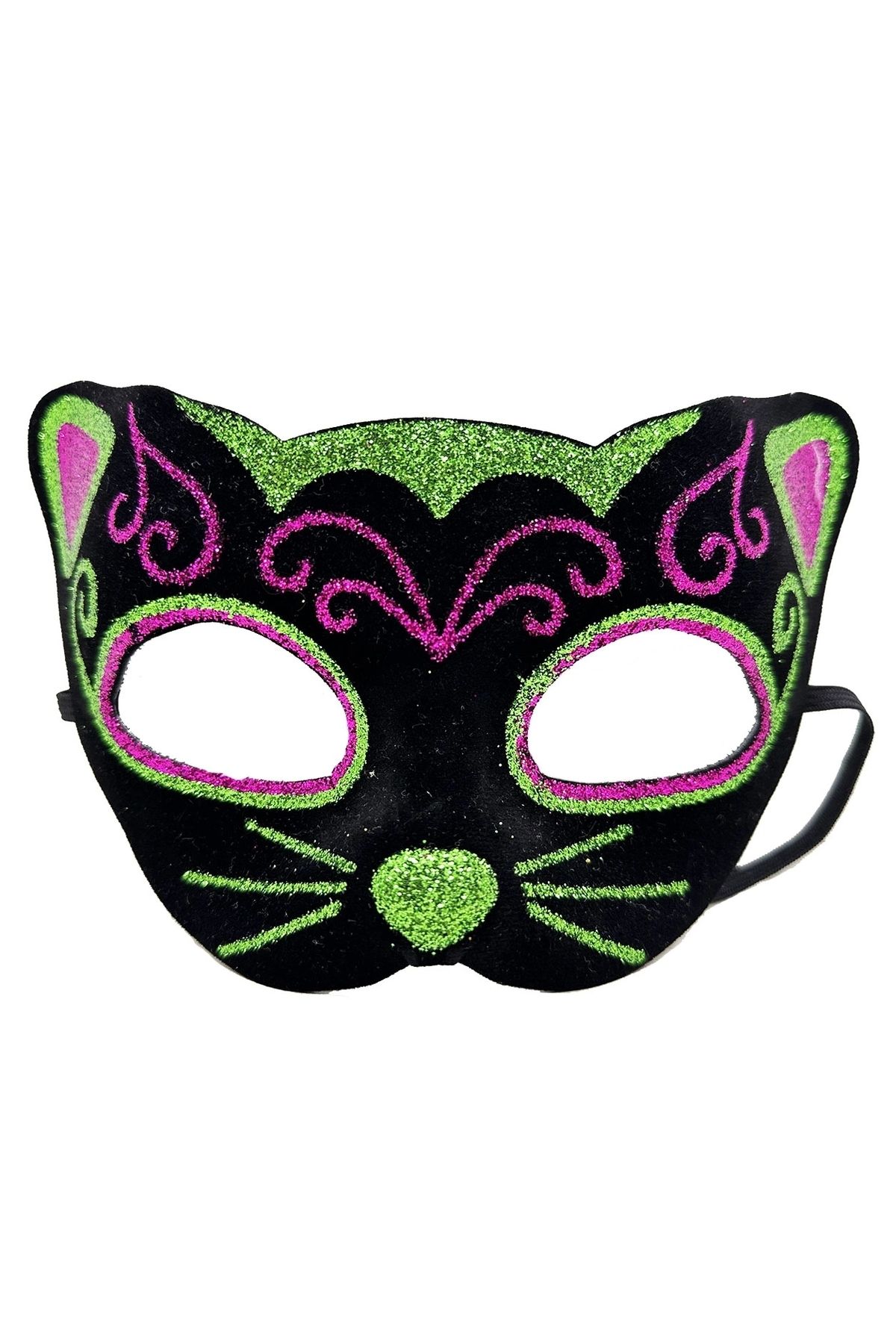 STOREMAX Siyah Kadife Kaplama Üzeri Pembe Yeşil Sim İşlemeli Kedi Maskesi 20x13 cm (5047)