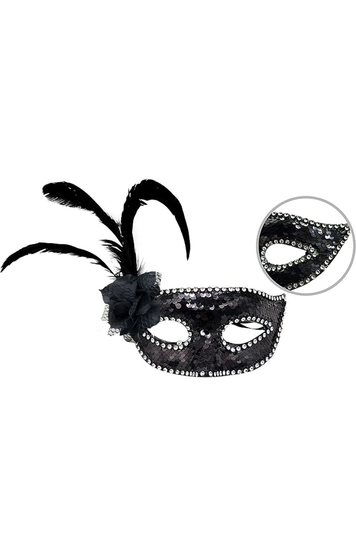 STOREMAX Siyah Renk Yandan Tüylü Güllü Gümüş Taşlı Pullu Maske 20x22 cm (5047)