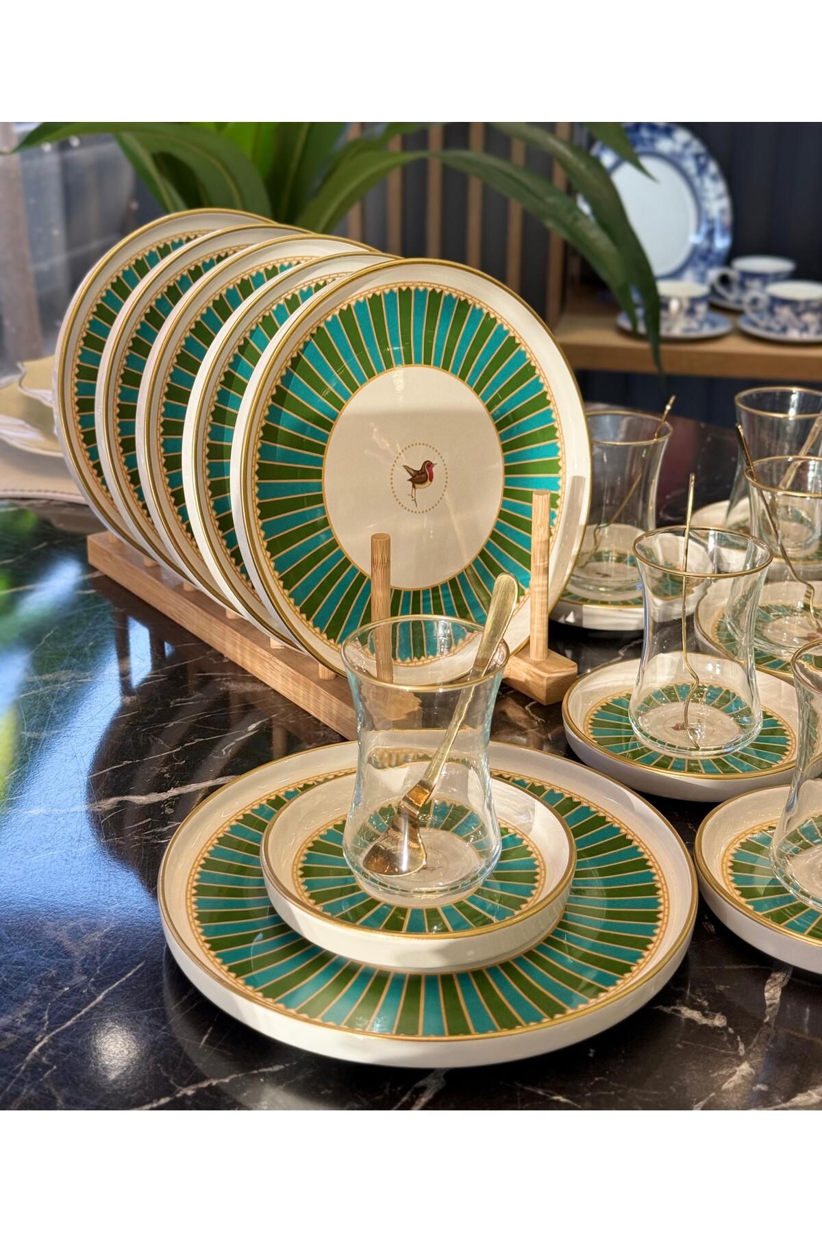 Onedekor 18 Parça Green Bird Garden Pasta Çay Takımı Seti