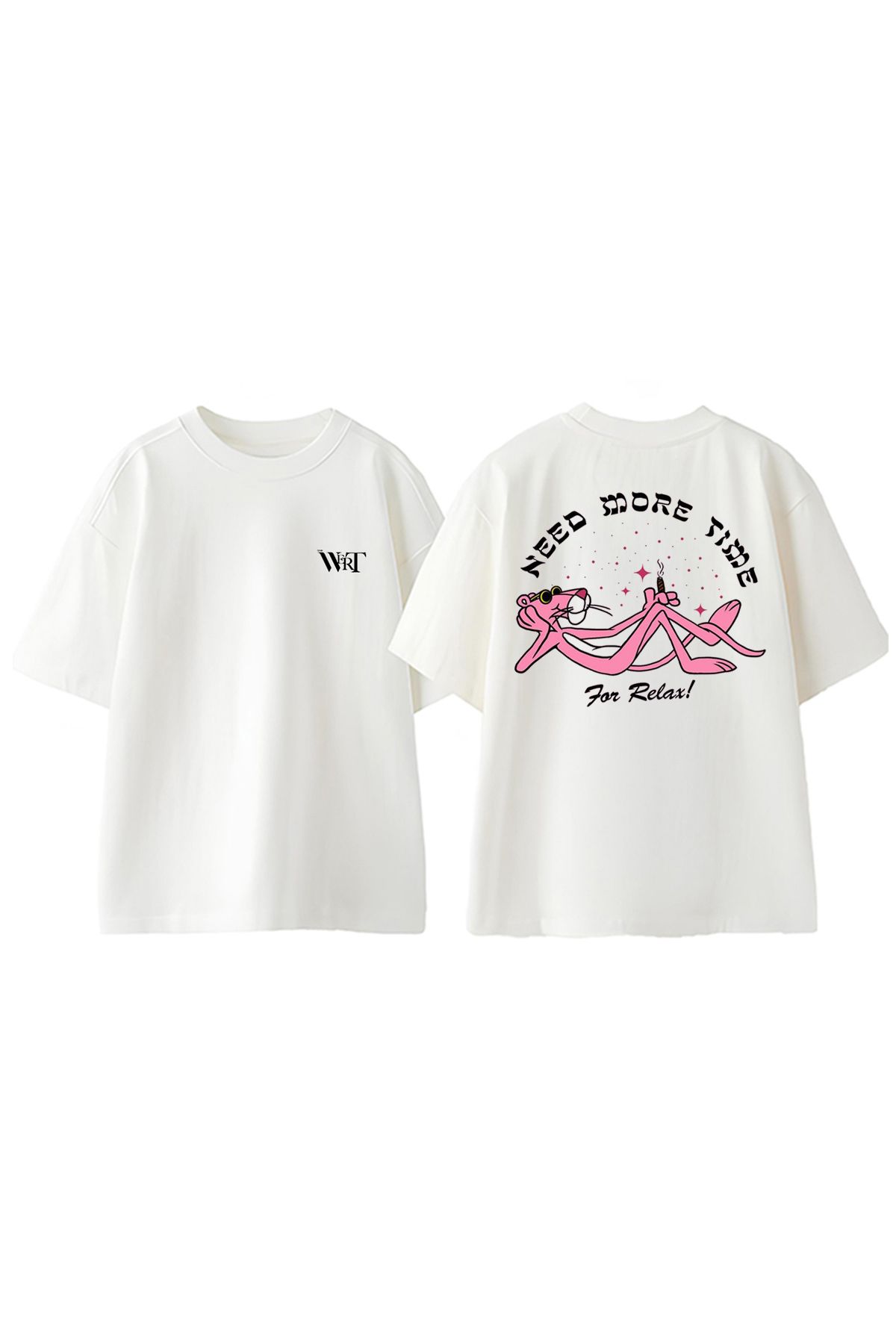 THEWERT Pink Panther Relax Tasarım Sırt Baskılı Pamuk Beyaz Oversize T-shirt