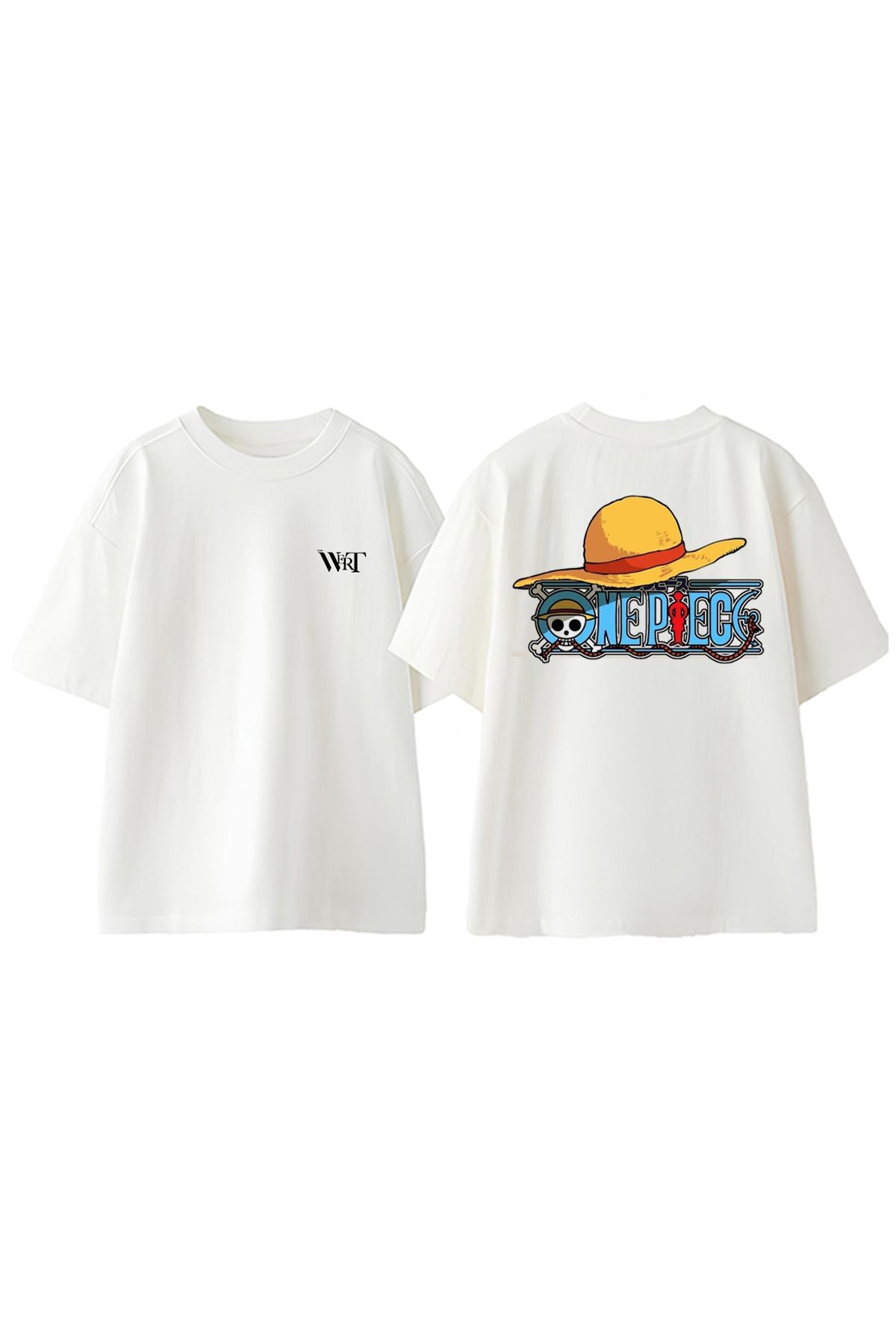 THEWERT One Piece Blue Amblem Tasarım Sırt Baskılı Pamuk Beyaz Oversize T-shirt