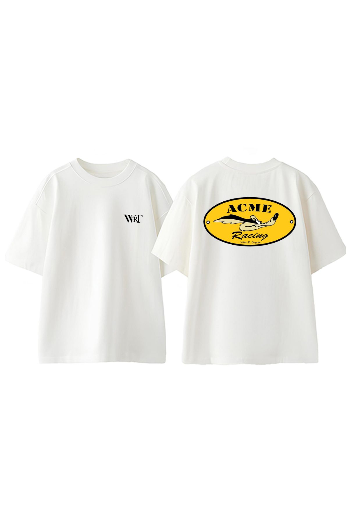 THEWERT Wile E Coyote Acme Racing Tasarım Sırt Baskılı Pamuk Beyaz Oversize T-shirt