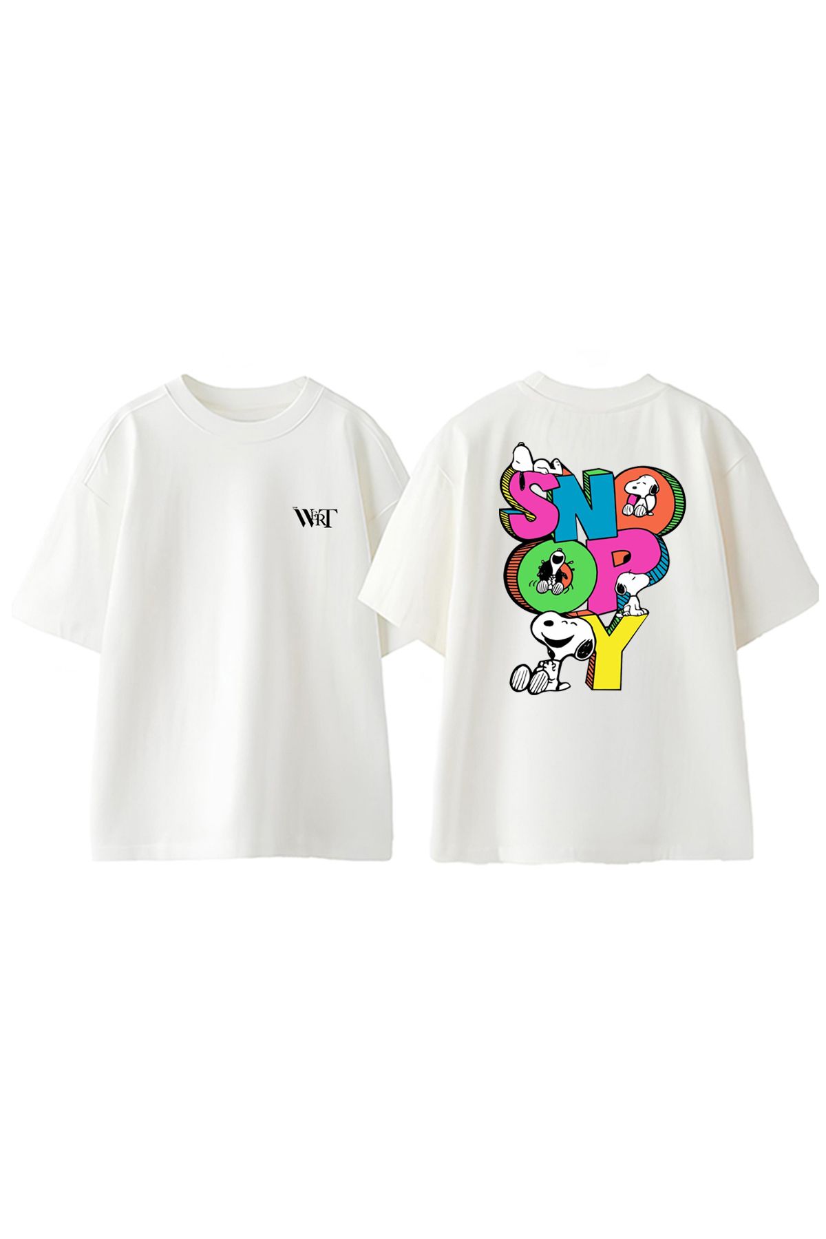 THEWERT Snoopy Renkli Harfler Tasarım Sırt Baskılı Pamuk Beyaz Oversize T-shirt