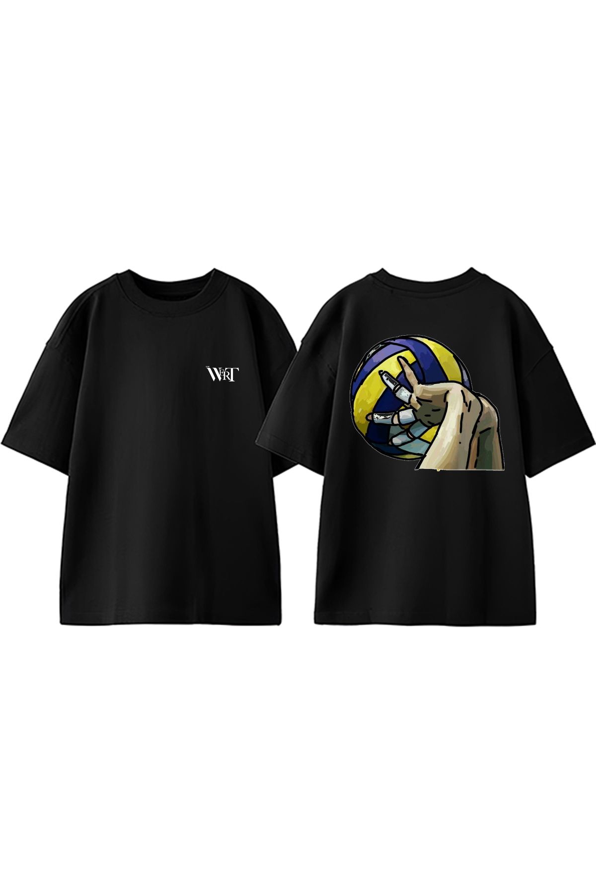 THEWERT Volleyball Topu Tasarım Sırt Baskılı Pamuk Siyah Oversize T-shirt