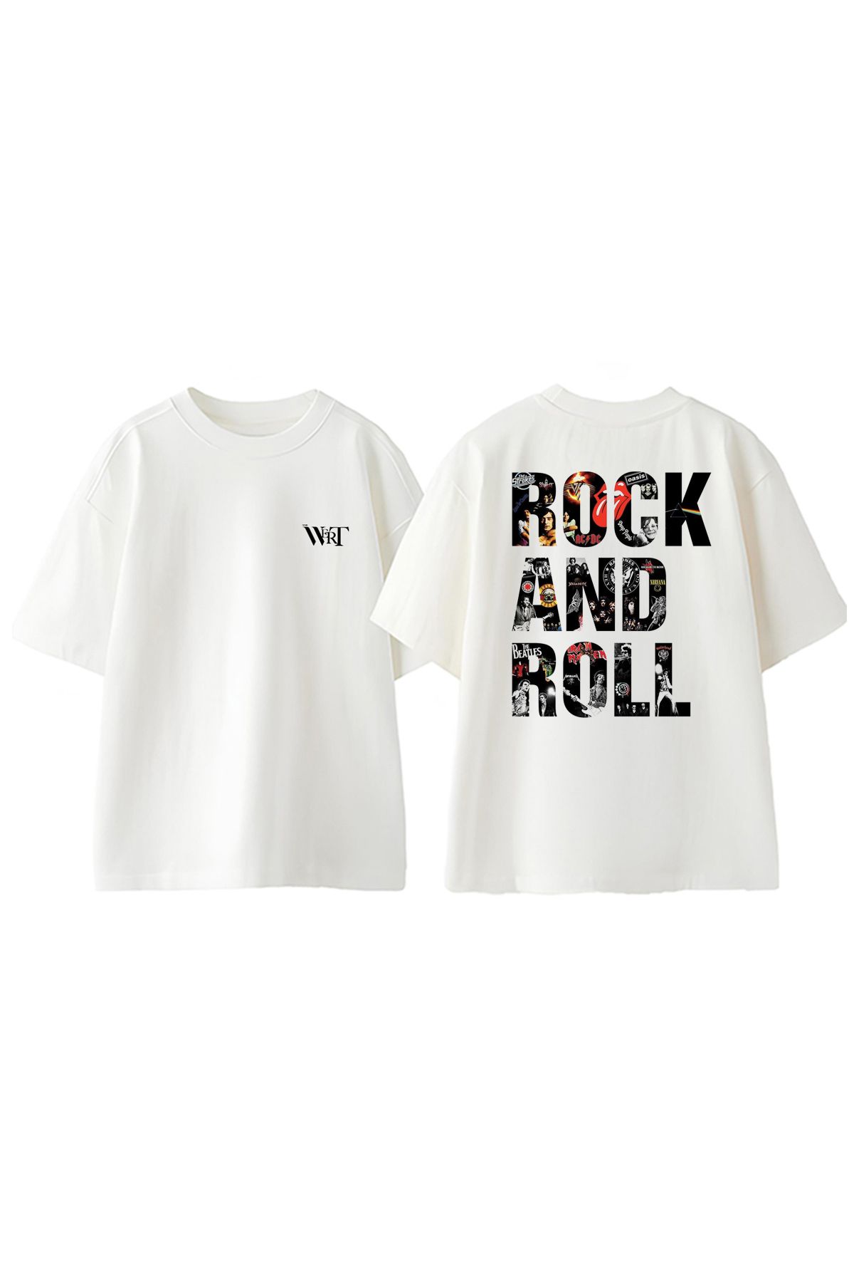 THEWERT Rock Is Life Rock And Roll Tasarım Sırt Baskılı Pamuk Beyaz Oversize T-shirt