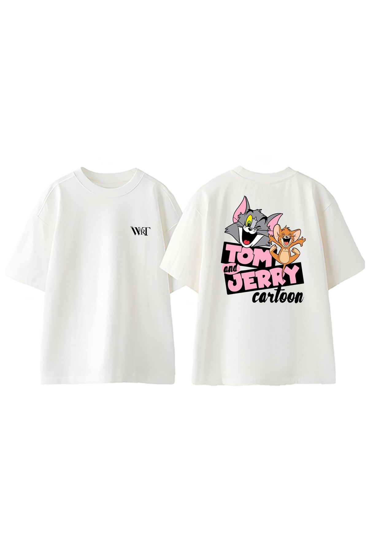 THEWERT Tom And Jerry Cortoon Tasarım Sırt Baskılı Pamuk Beyaz Oversize T-shirt