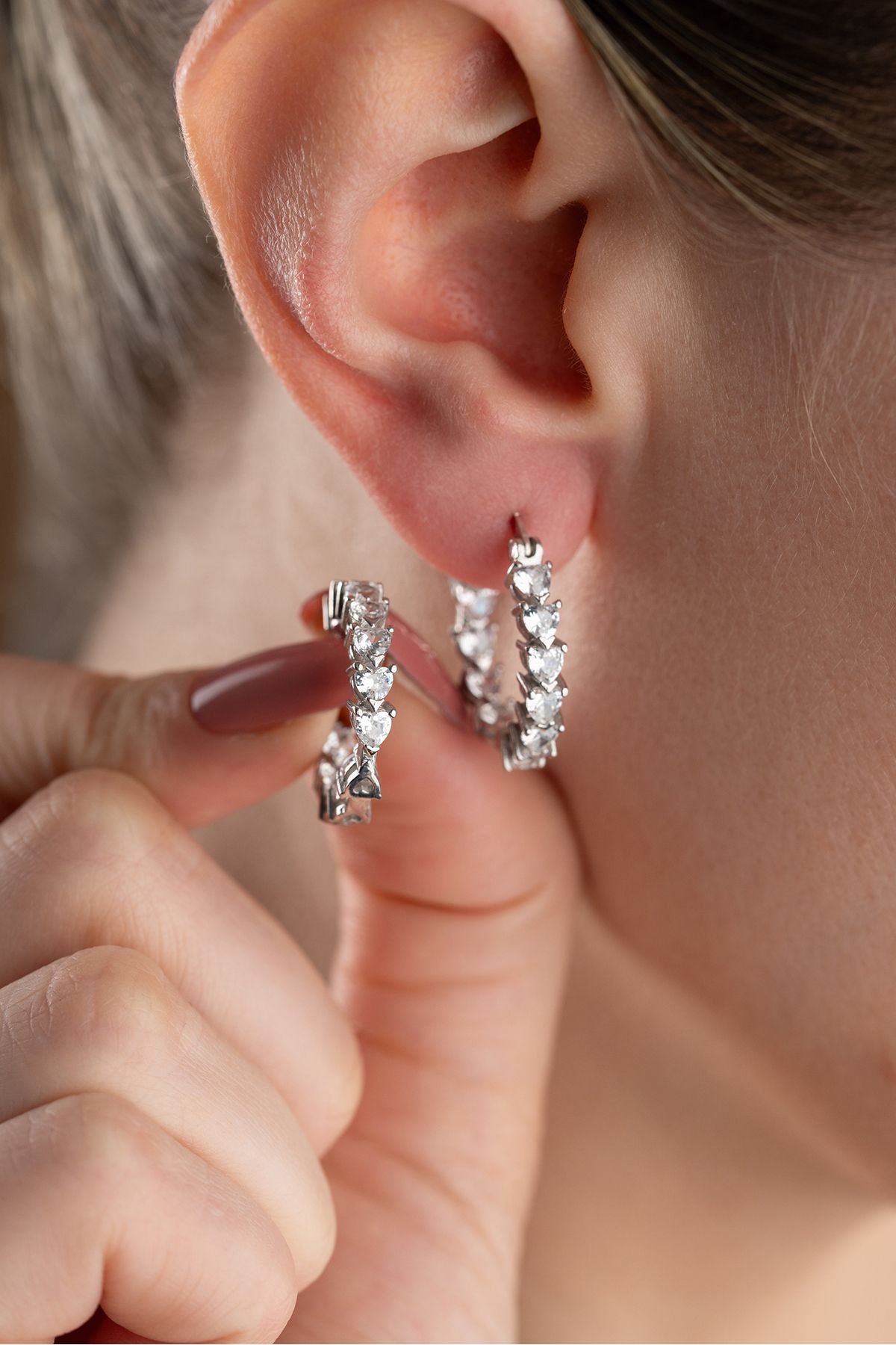 Silvano Jewelry 925 Ayar Gümüş Taşlı Halka Kalp Taşlı Küpe