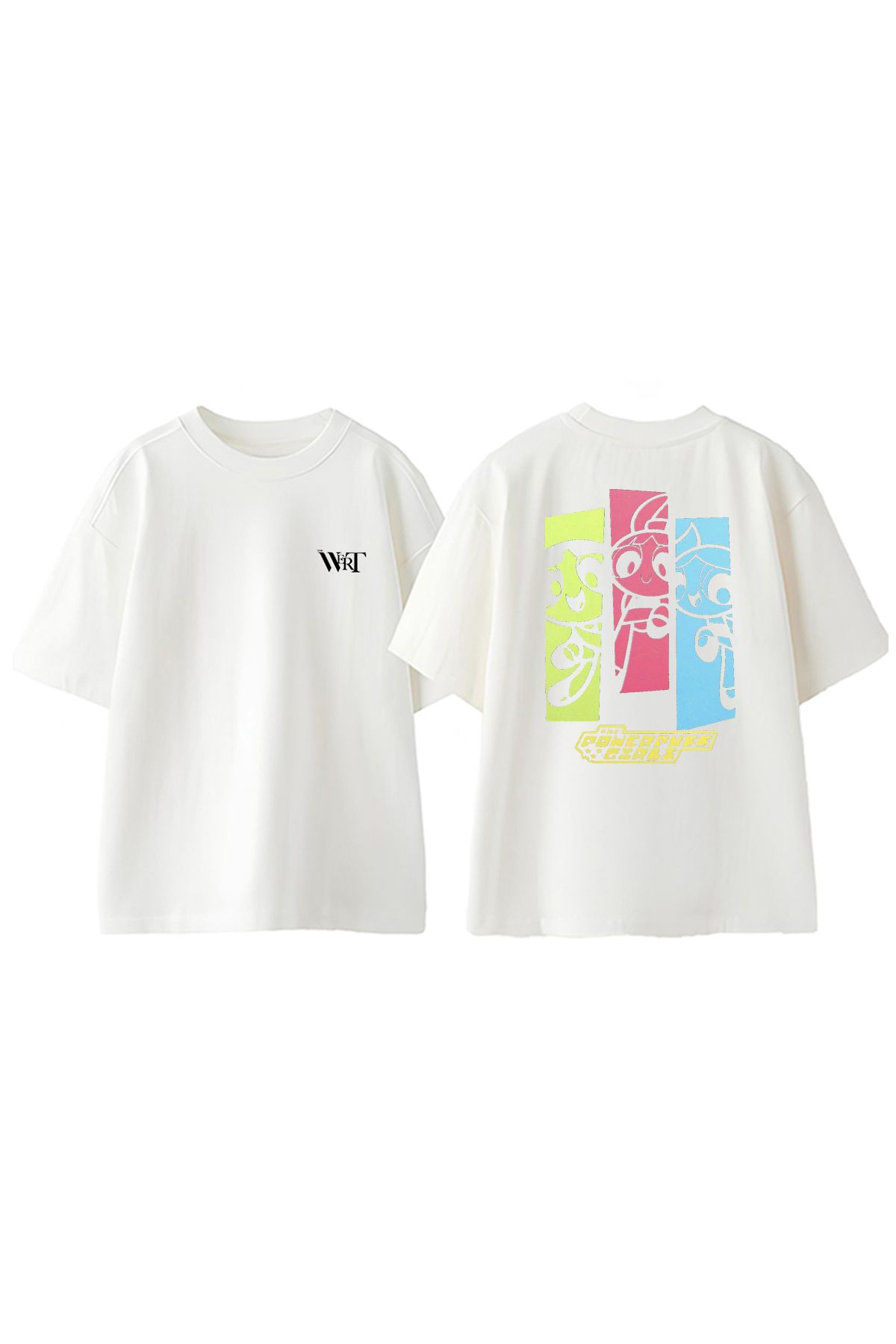 THEWERT The Powerpuff Girls Tasarım Sırt Baskılı Pamuk Beyaz Oversize T-shirt