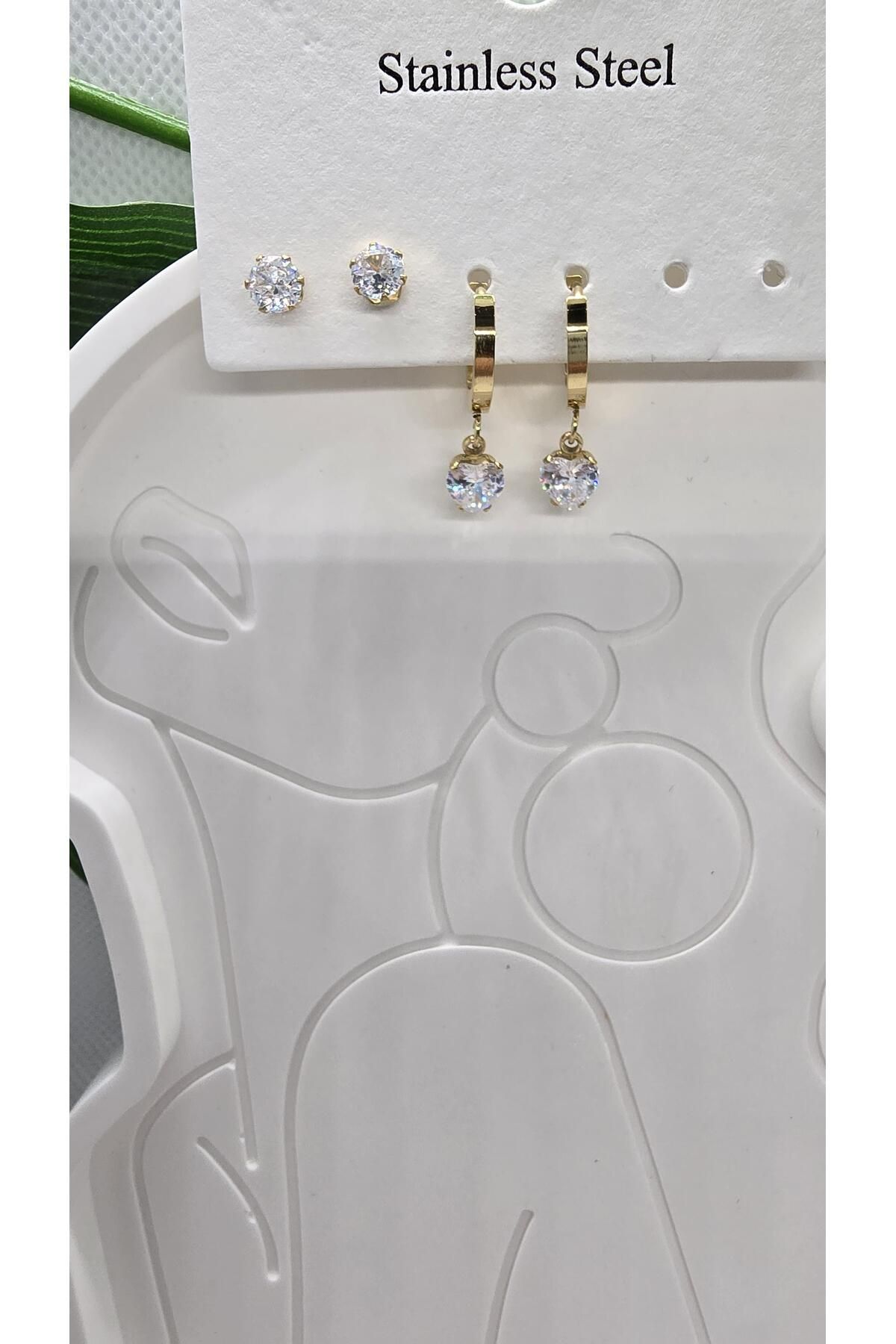 KÜBRA UYAN JEWELRY GOLD TAŞLI ÇELİK KÜPE İKİÇİFT ÇELİK KADIN KÜPE