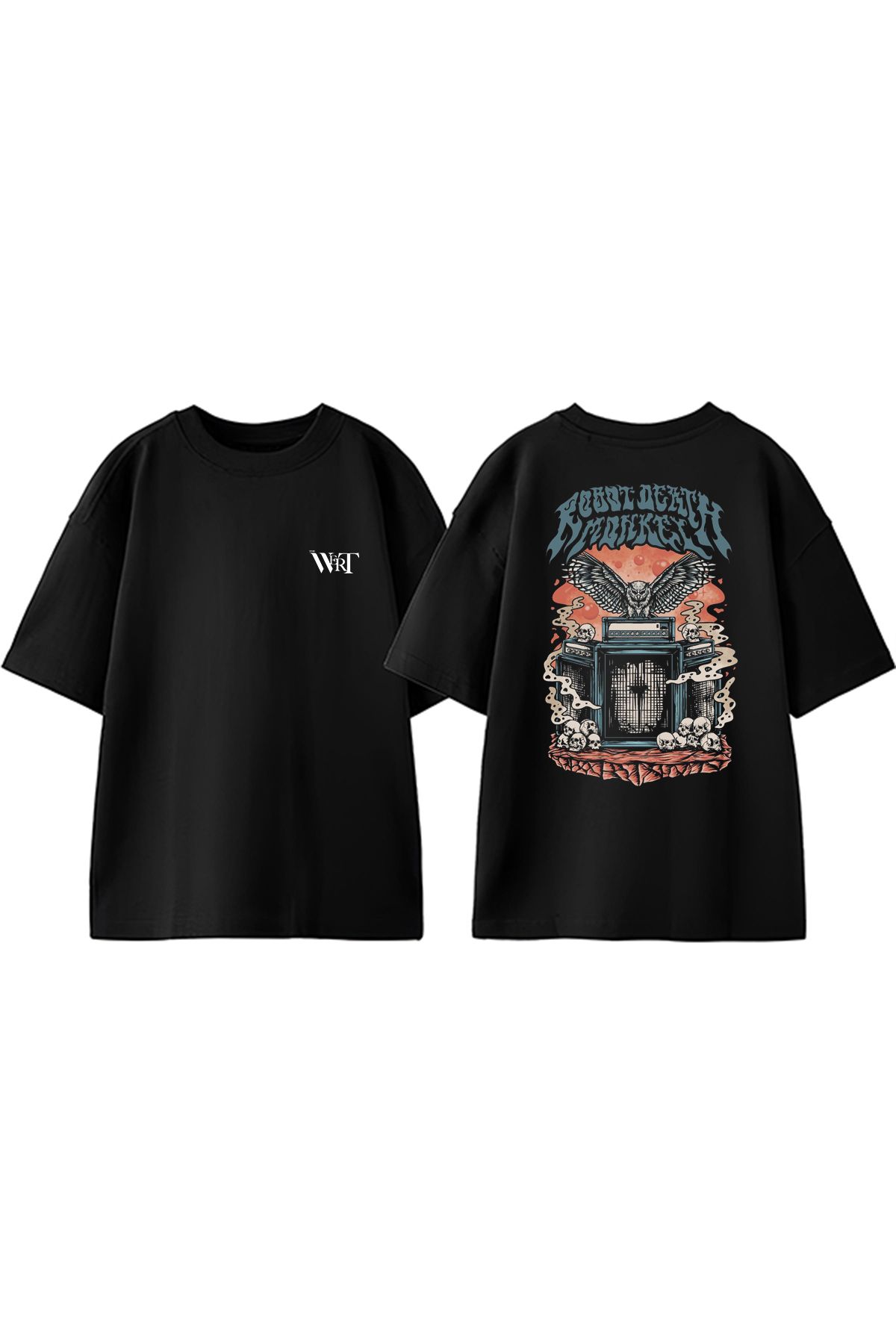 THEWERT Robot Death Monkey Band Tasarım Sırt Baskılı Pamuk Siyah Oversize T-shirt