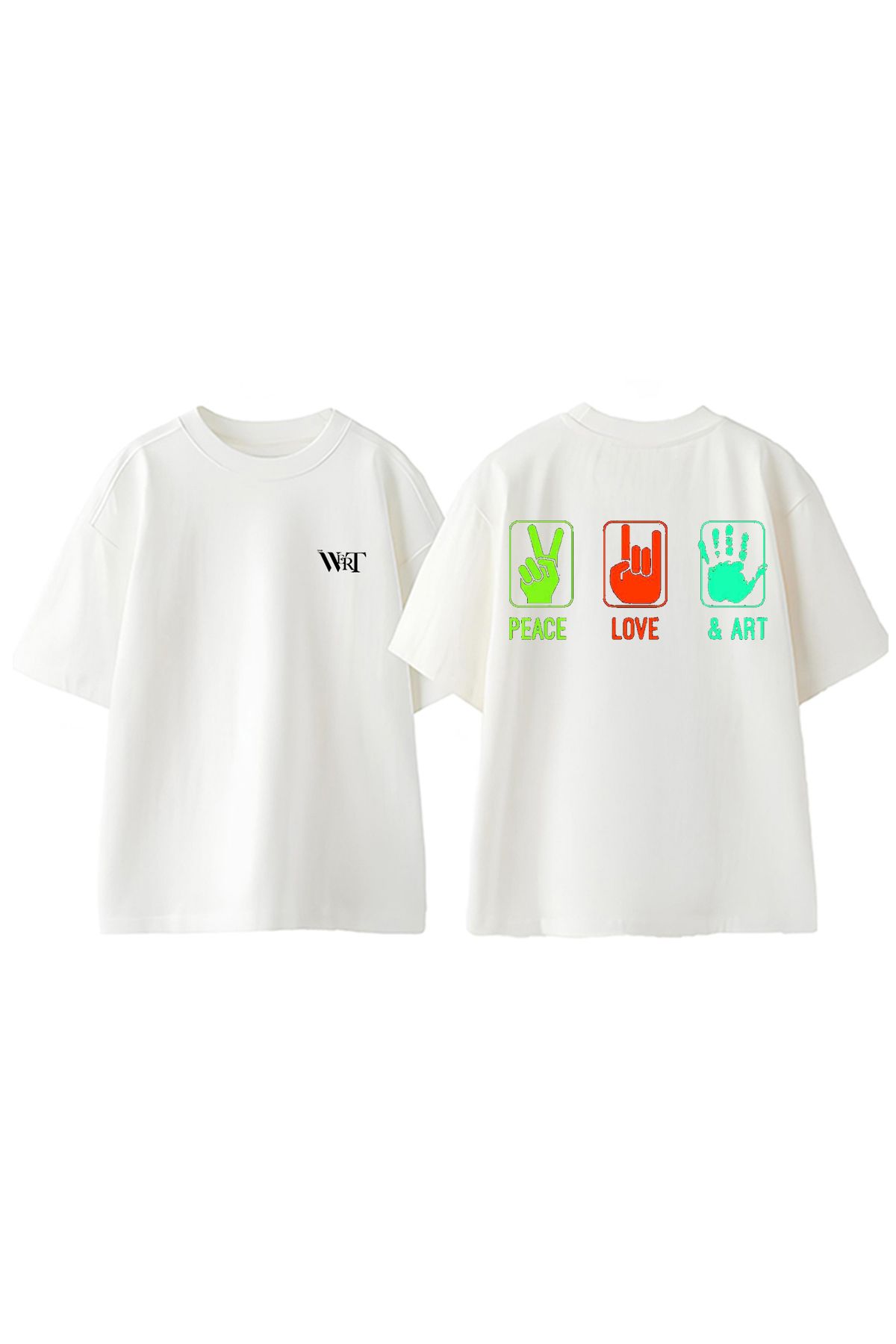 THEWERT Peace Love Art Tasarım Sırt Baskılı Pamuk Beyaz Oversize T-shirt