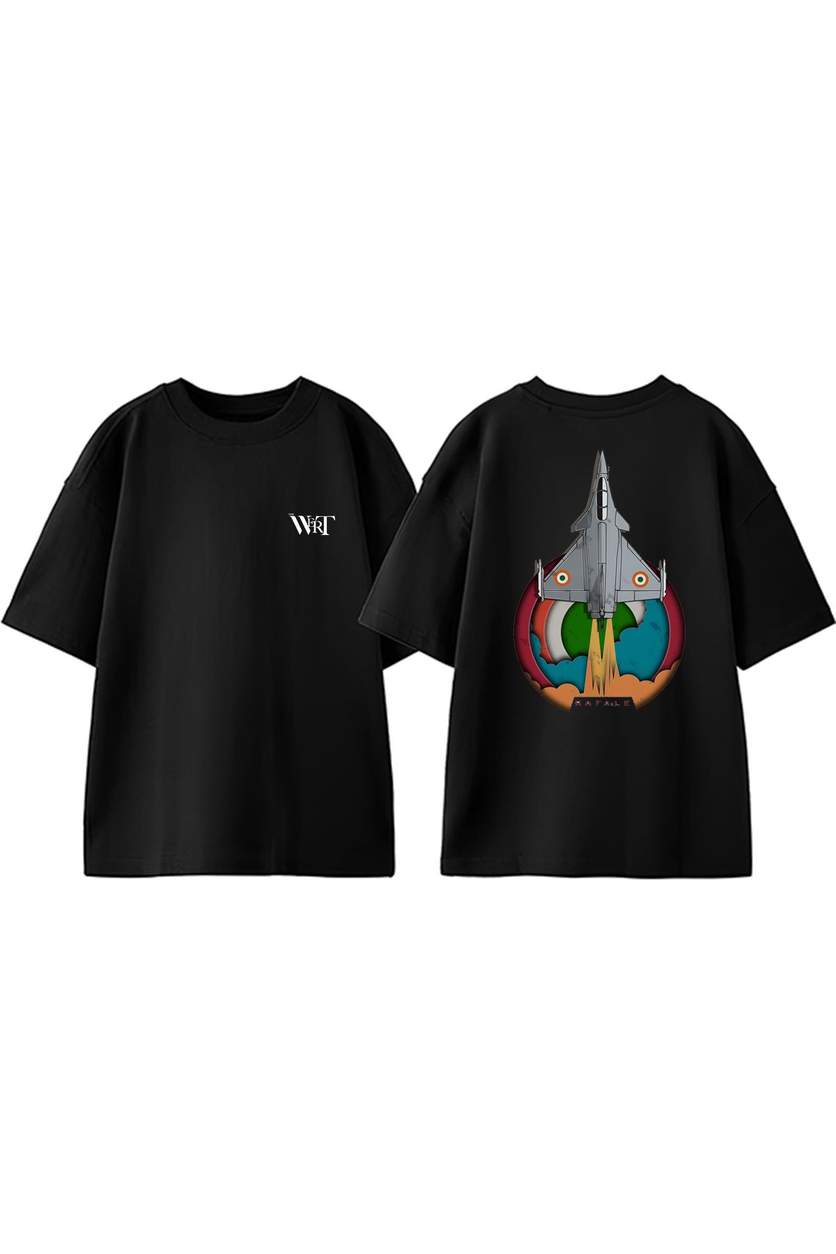 THEWERT Rafale Fighter Jet Anime Tasarım Sırt Baskılı Pamuk Siyah Oversize T-shirt