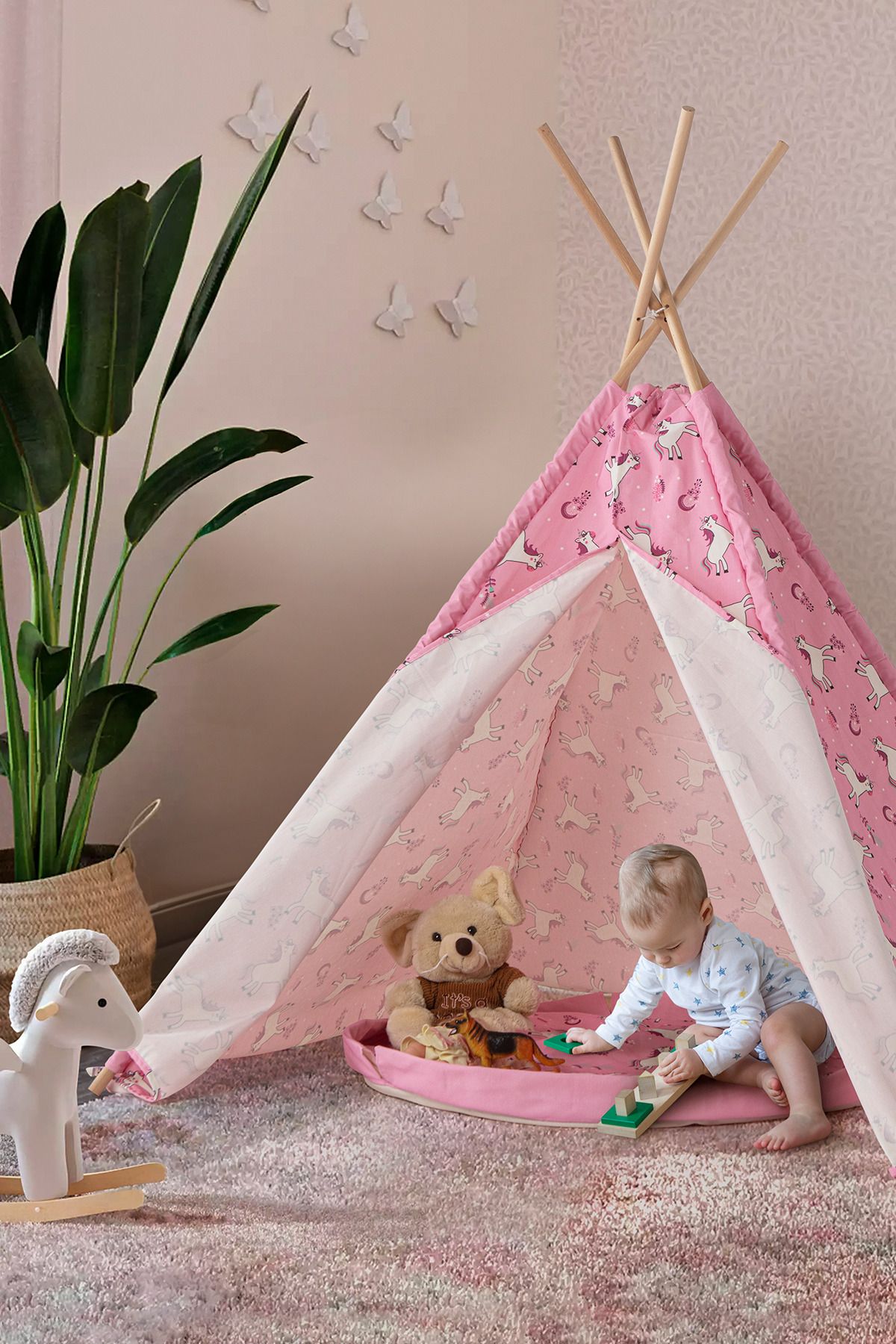 SWITA Kids Çocuk Ahşap Direkli Geniş Oyun Çadırı Oyun Evi 150x150x200 cm