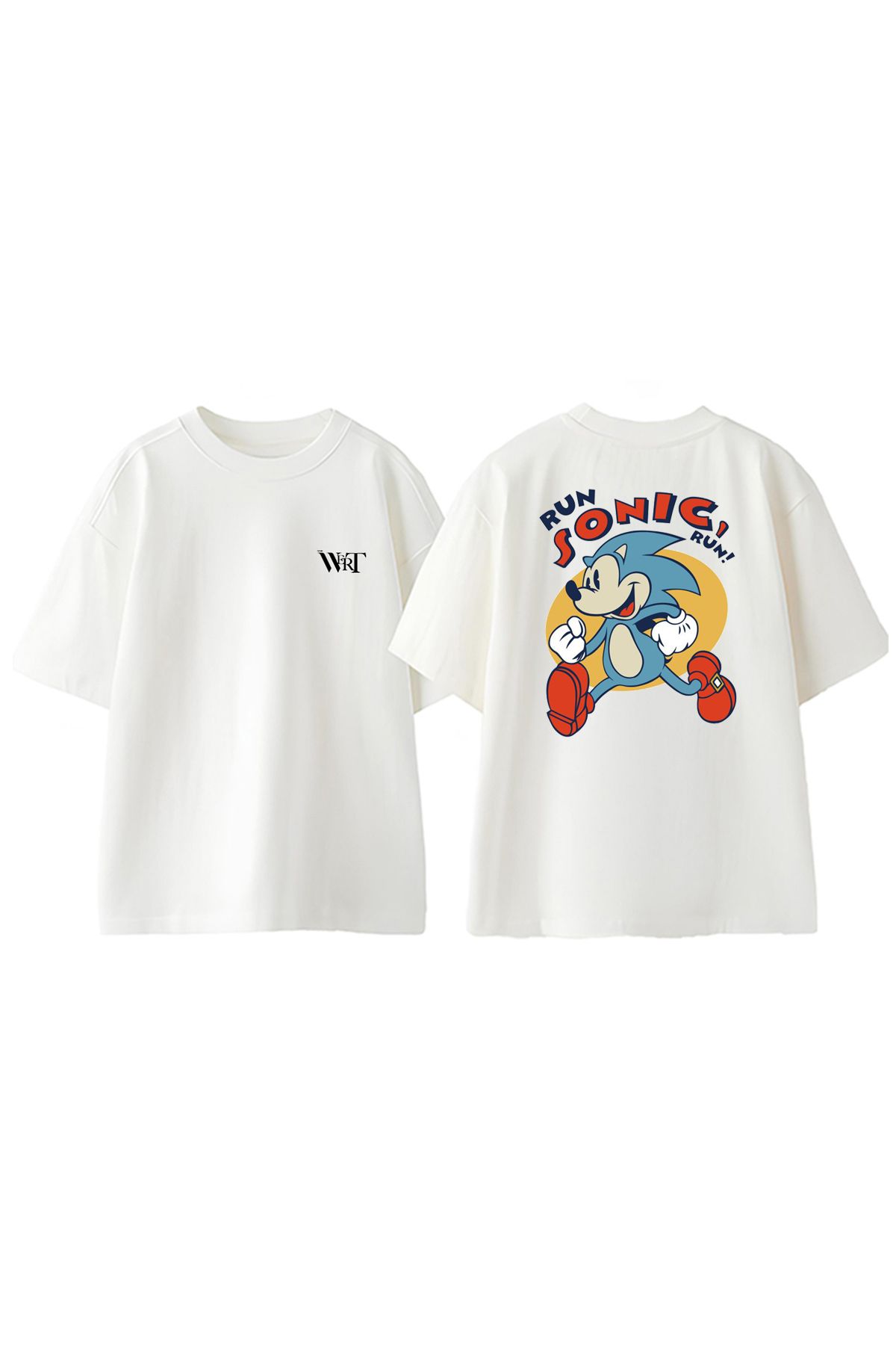 THEWERT Run Sonic Run Tasarım Sırt Baskılı Pamuk Beyaz Oversize T-shirt