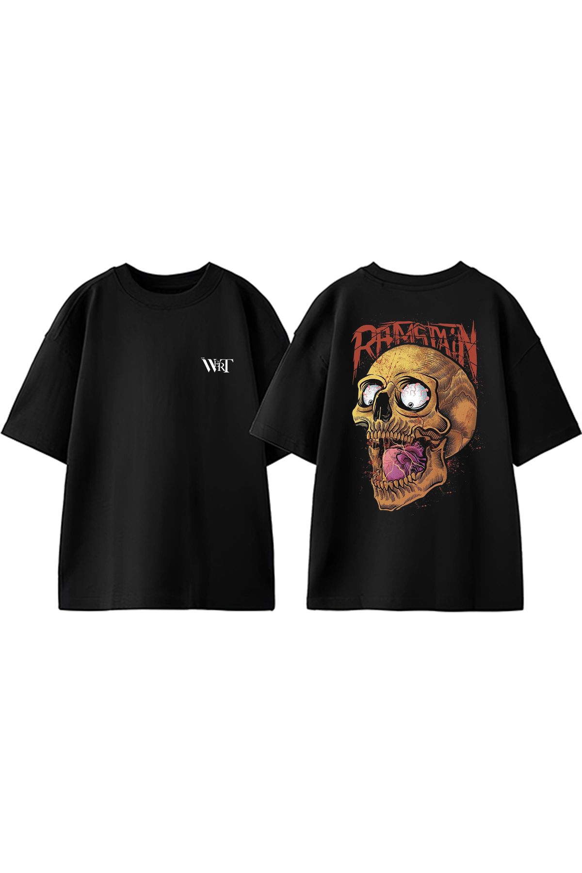 THEWERT Ramstain Skull Tasarım Sırt Baskılı Pamuk Siyah Oversize T-shirt
