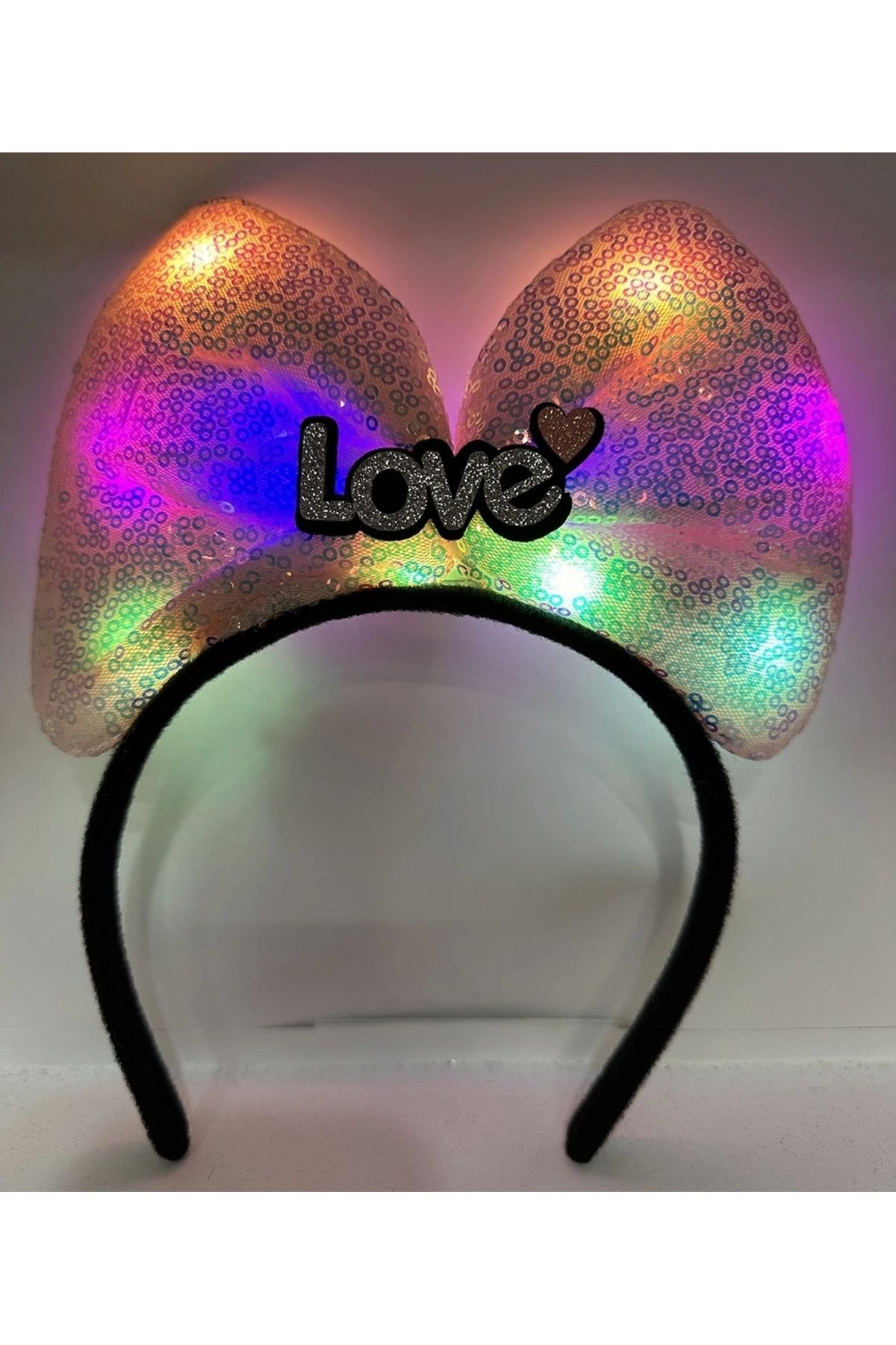 STOREMAX Led Işıklı 3 Farklı Fonksiyonda Yanan Gümüş Love Yazılı Toz Pembe Fiyonk Taç 20X17 cm (5047)